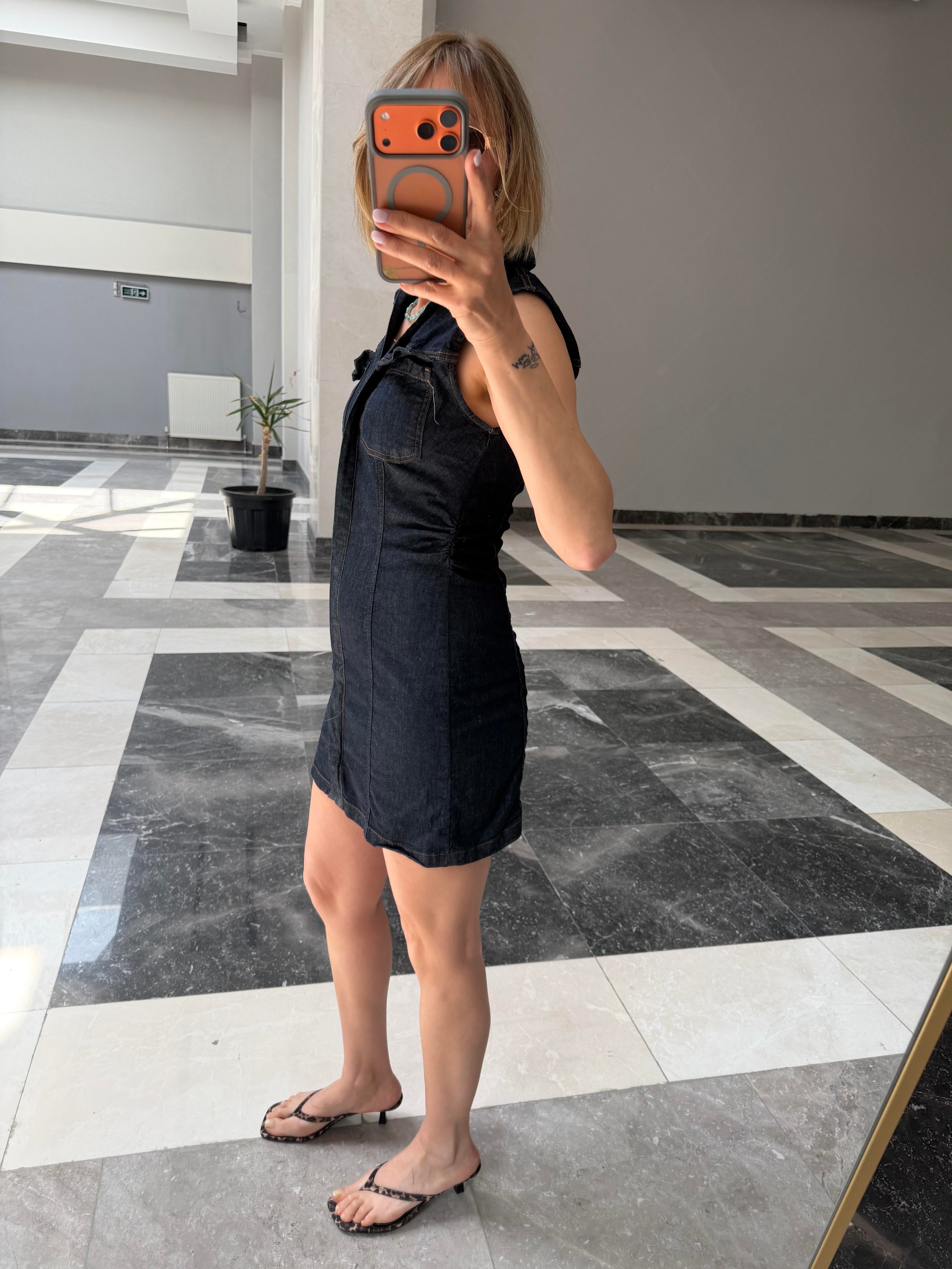 Zr Yanları Drape Dikişli Denim Görünümlü Elbise
