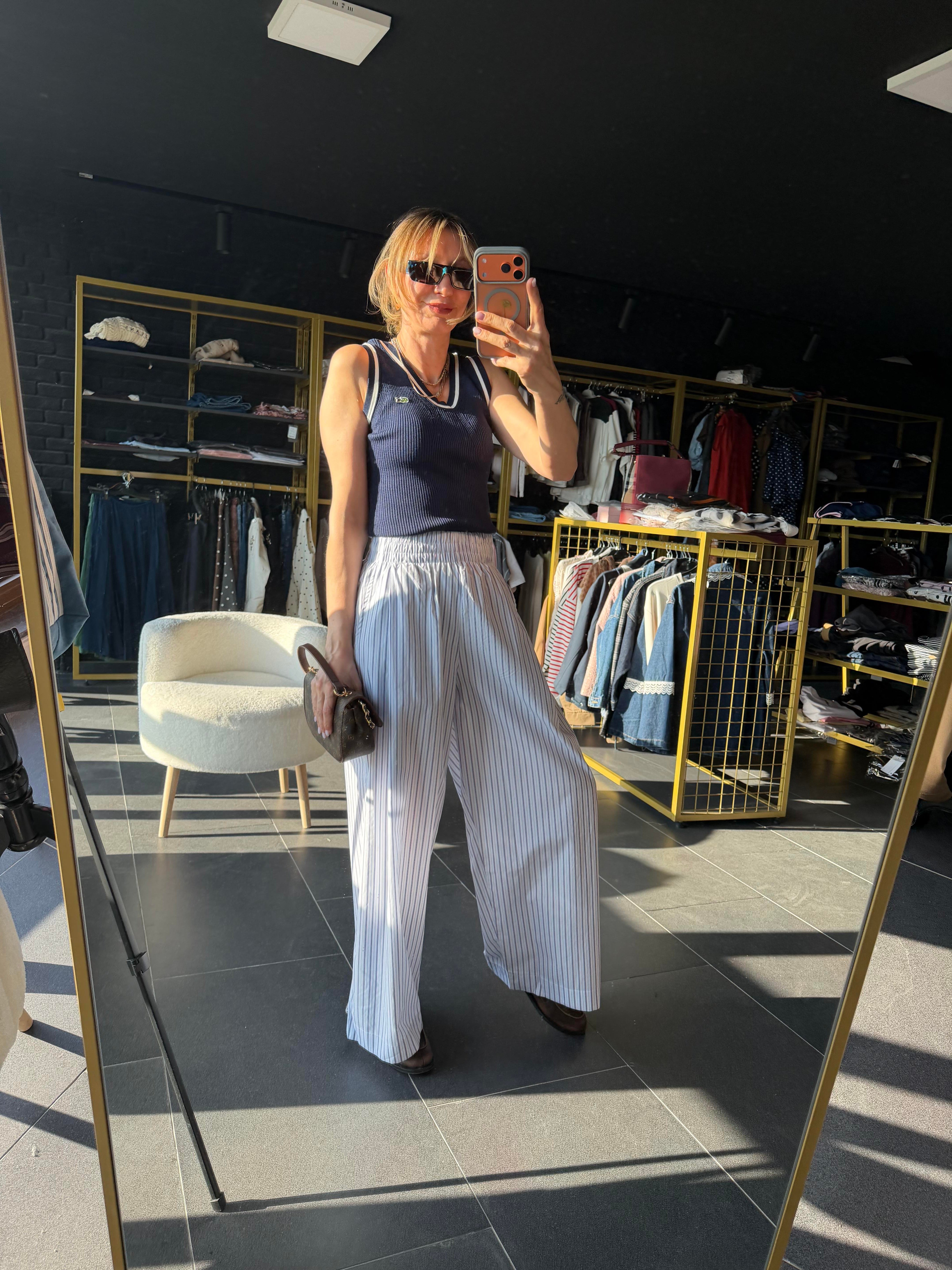 Zra Model Beli Lastikli Çizgili Pantolon