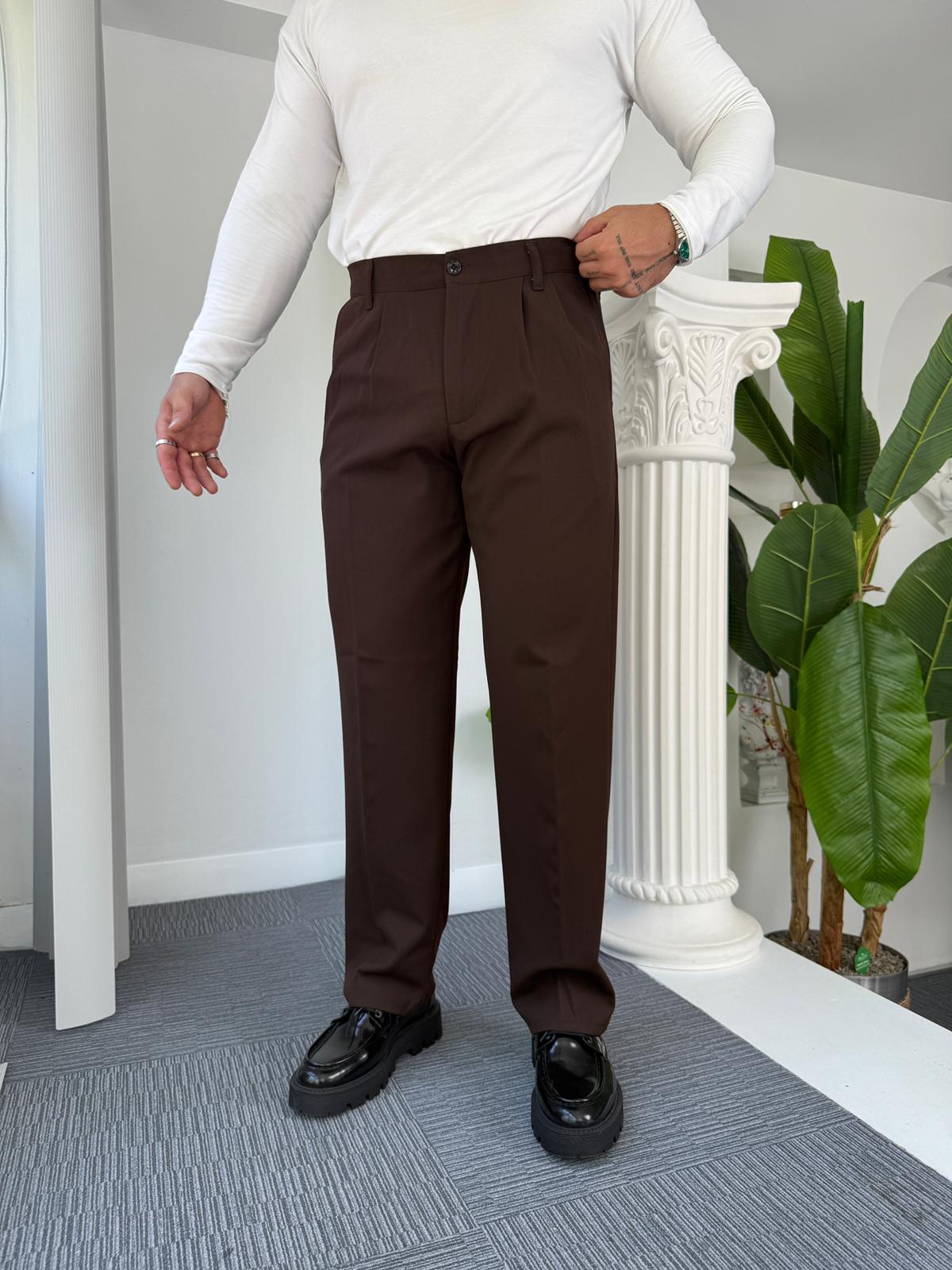 Acı Kahve Pileli Baggy Kumaş Pantolon 