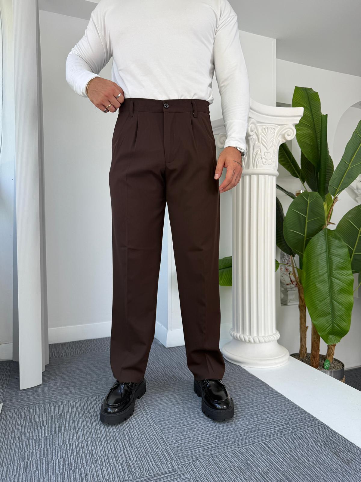 Acı Kahve Pileli Baggy Kumaş Pantolon 