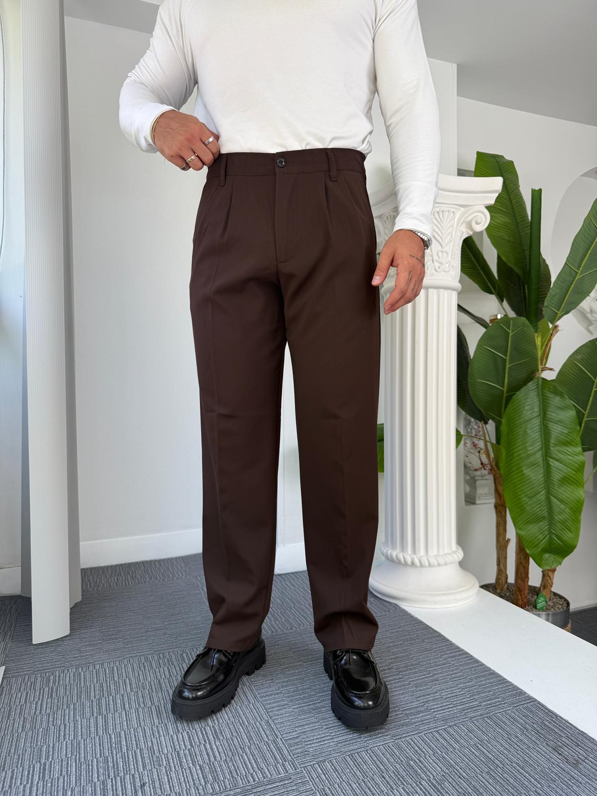 Acı Kahve Pileli Baggy Kumaş Pantolon 