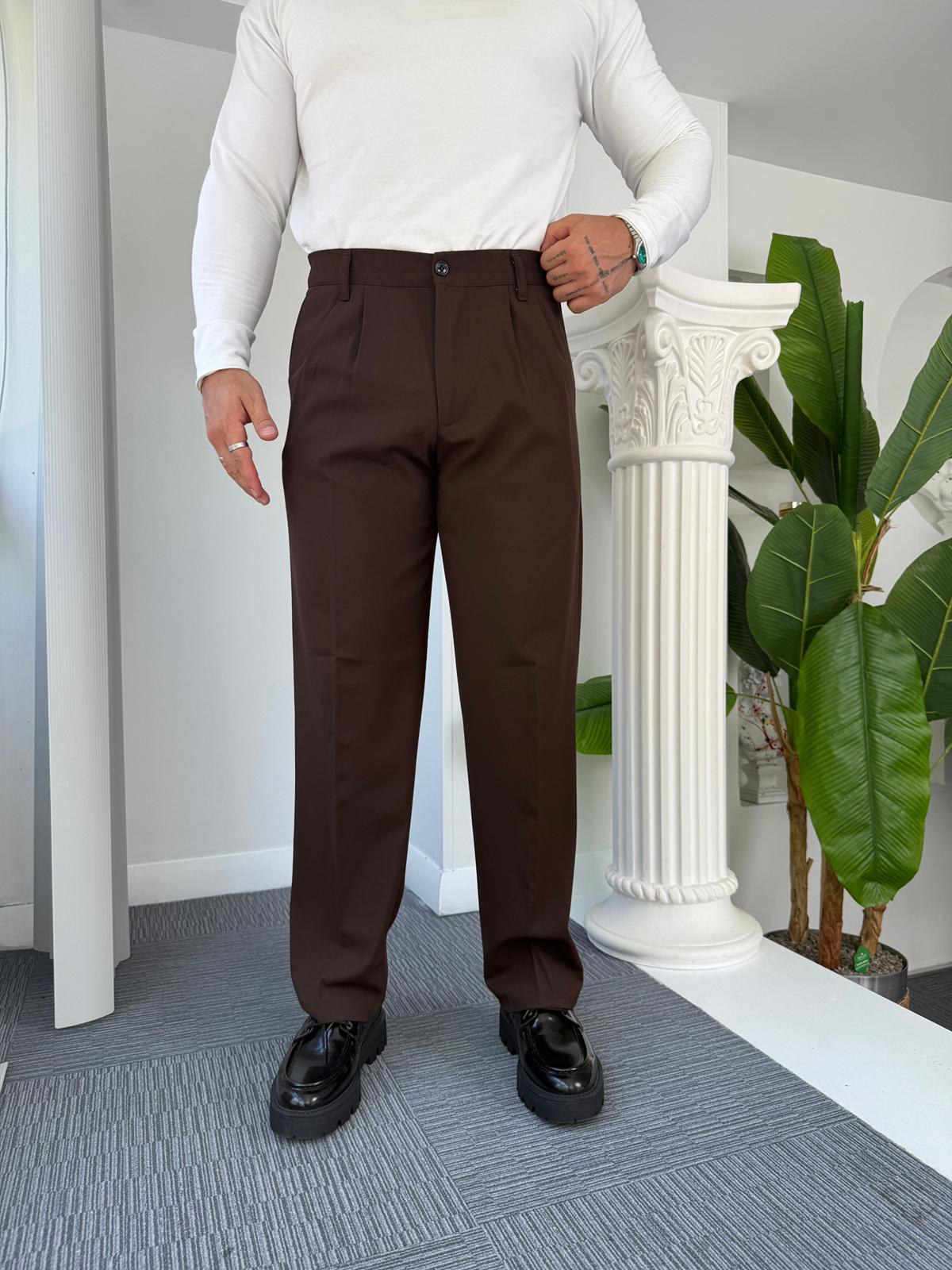 Acı Kahve Pileli Baggy Kumaş Pantolon 