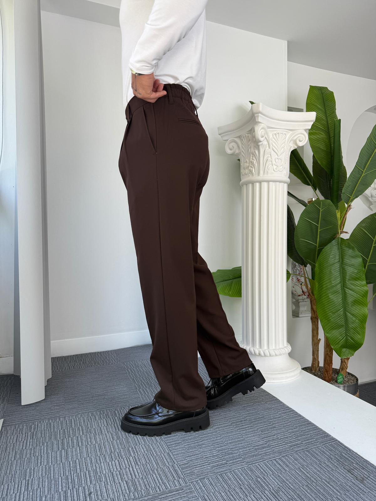 Acı Kahve Pileli Baggy Kumaş Pantolon 