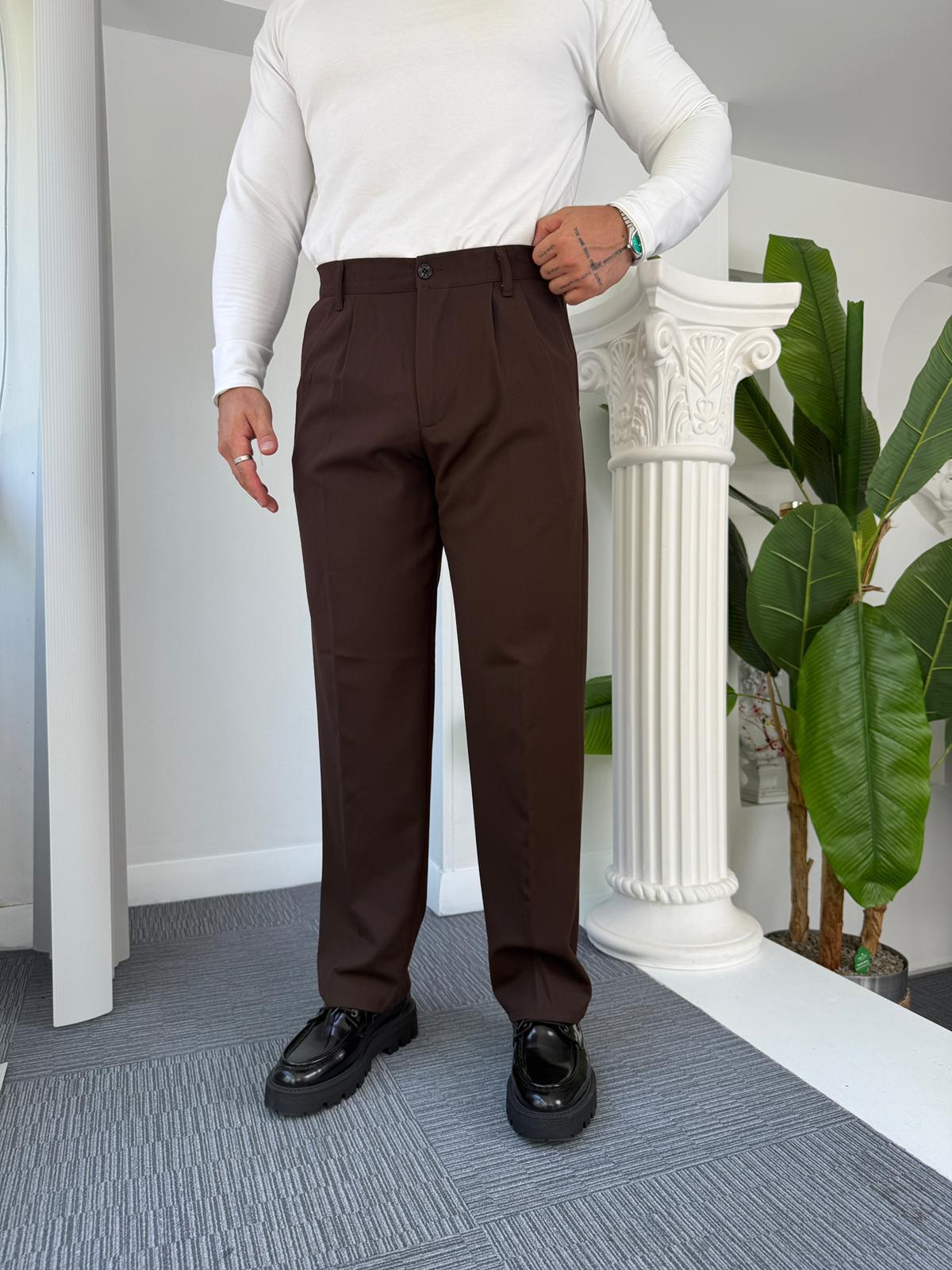 Acı Kahve Pileli Baggy Kumaş Pantolon 