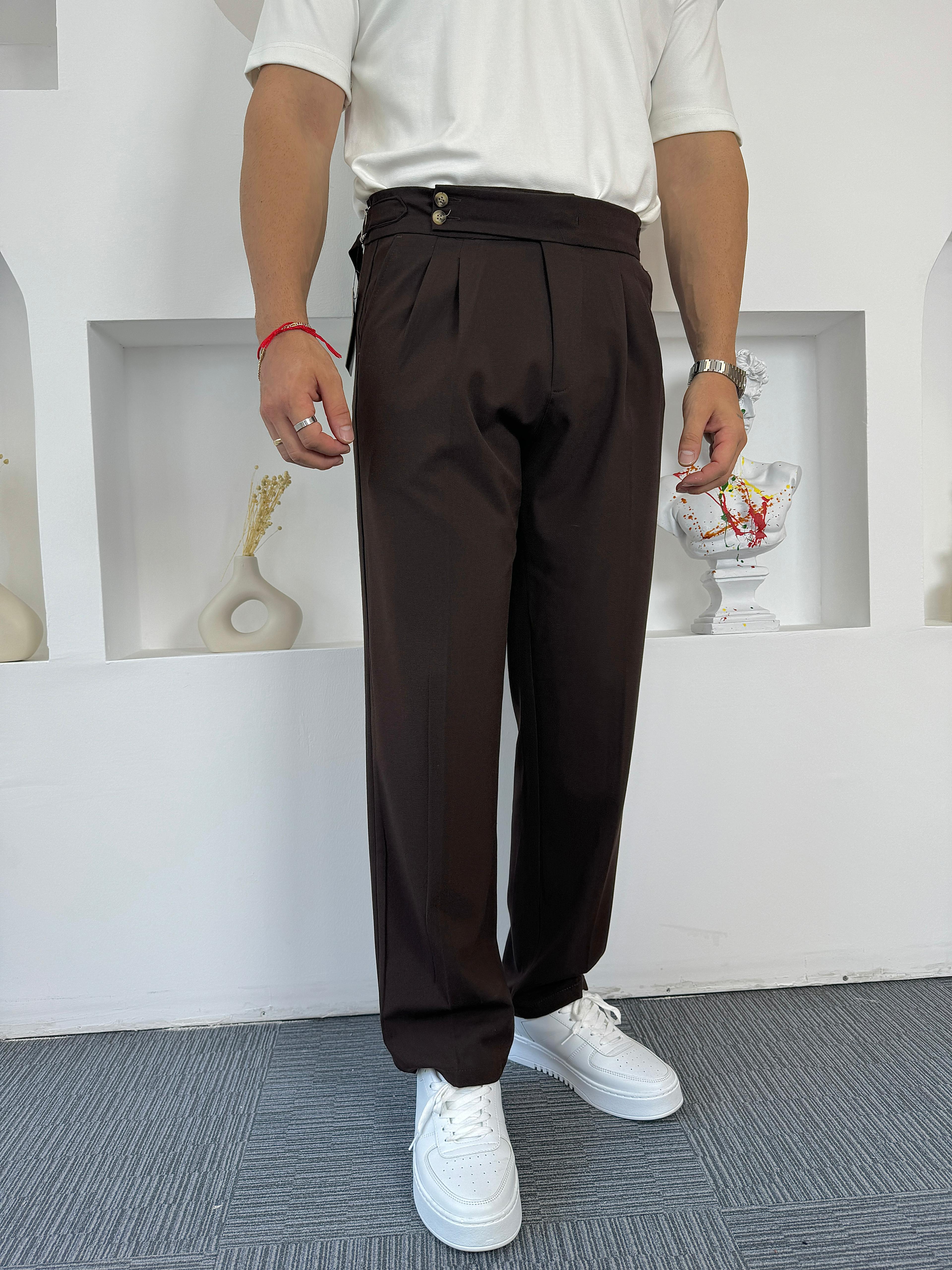 Acı Kahve Yan Kemerli Baggy Kumaş Pantolon
