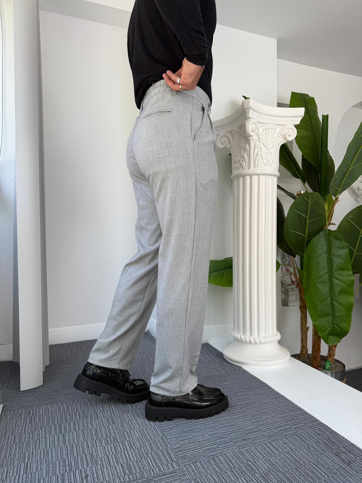 Açık Gri Pileli Baggy Kumaş Pantolon 