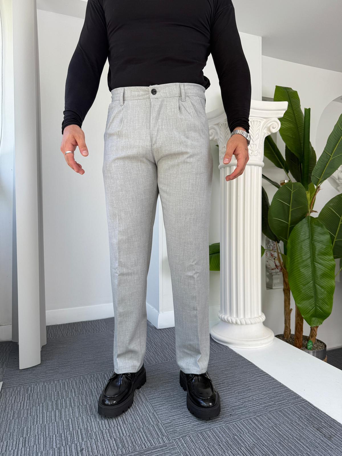 Açık Gri Pileli Baggy Kumaş Pantolon 