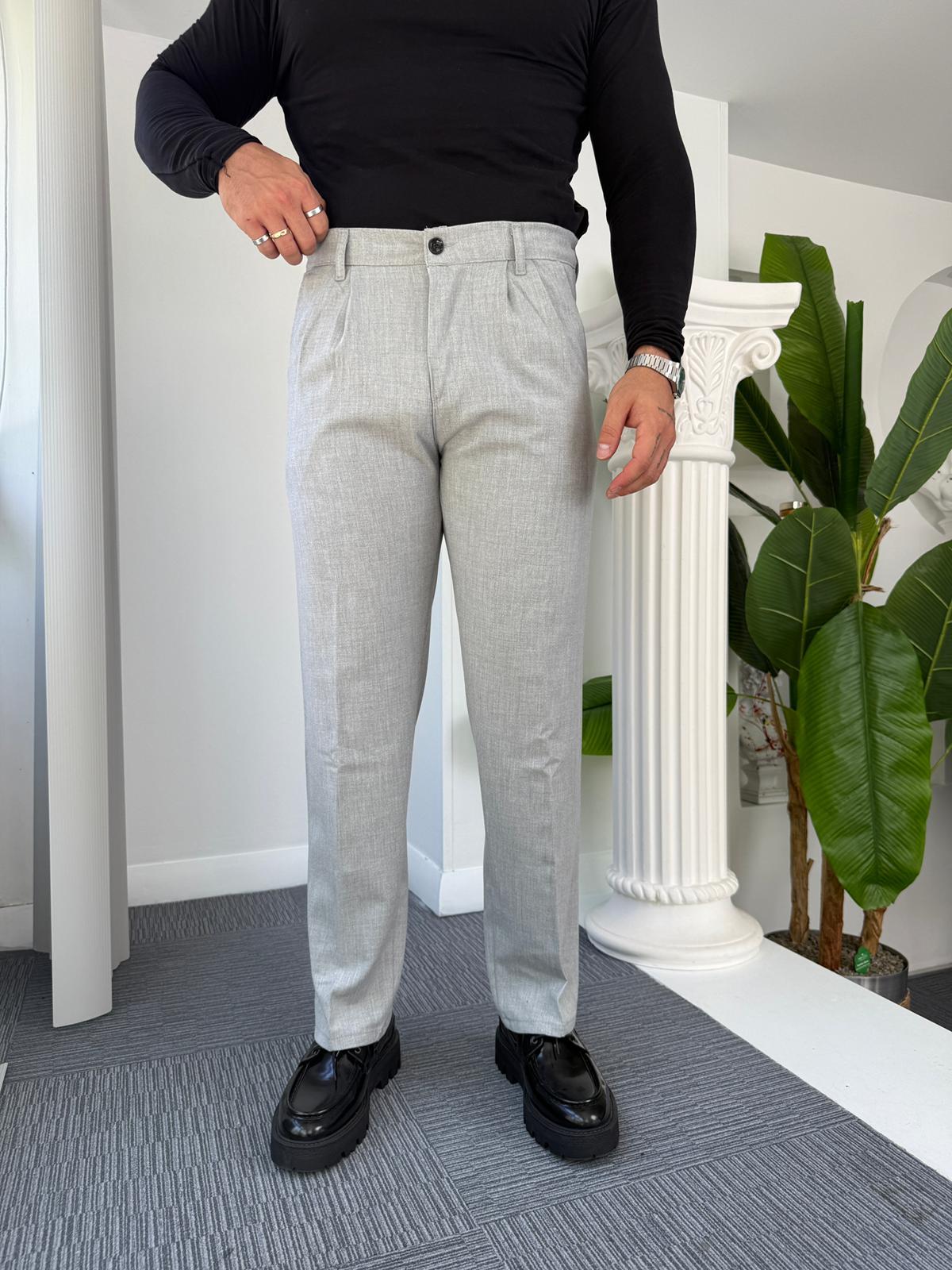 Açık Gri Pileli Baggy Kumaş Pantolon 