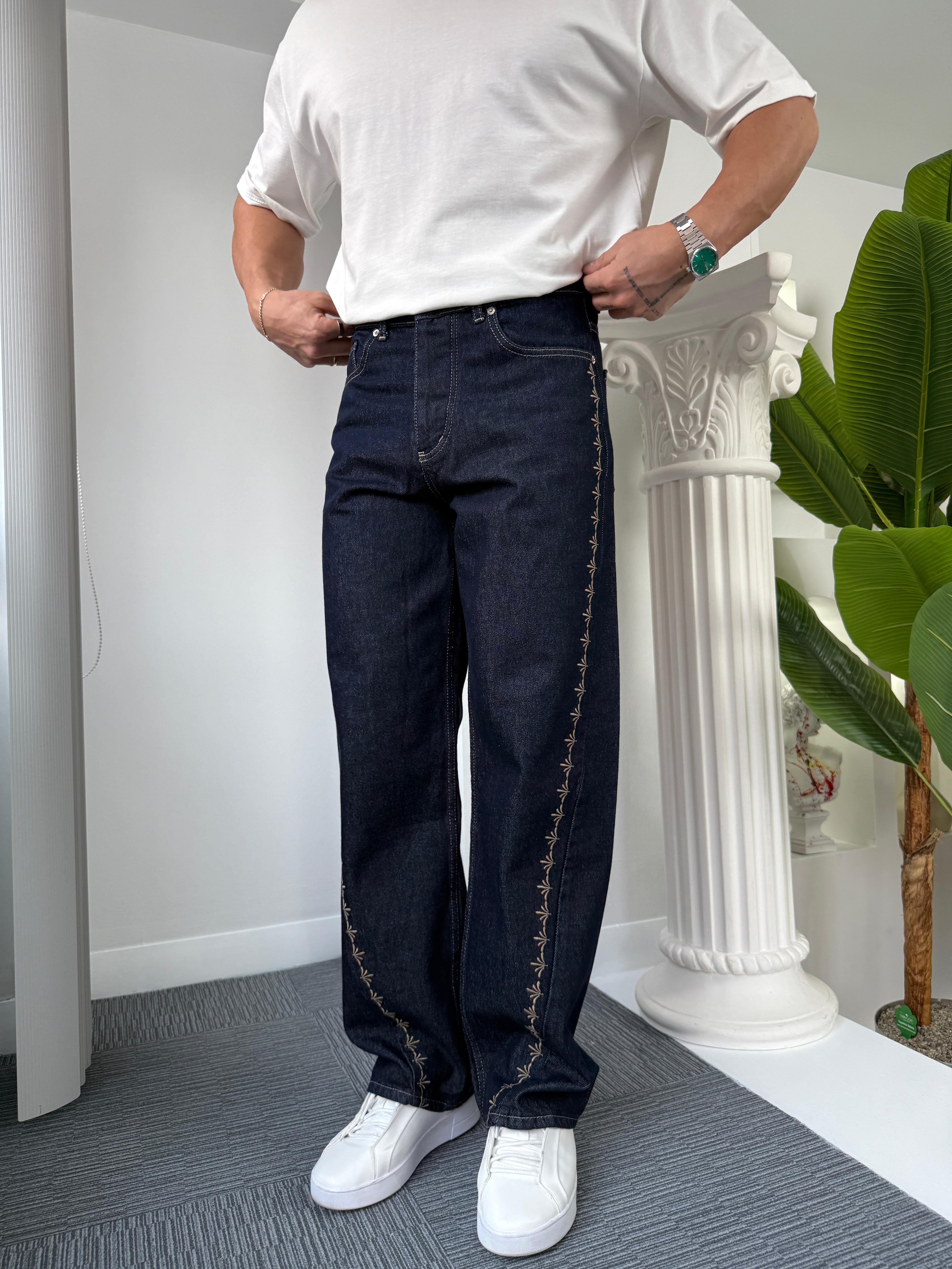 Angel Şeritli Regular Jean Koyu Mavi