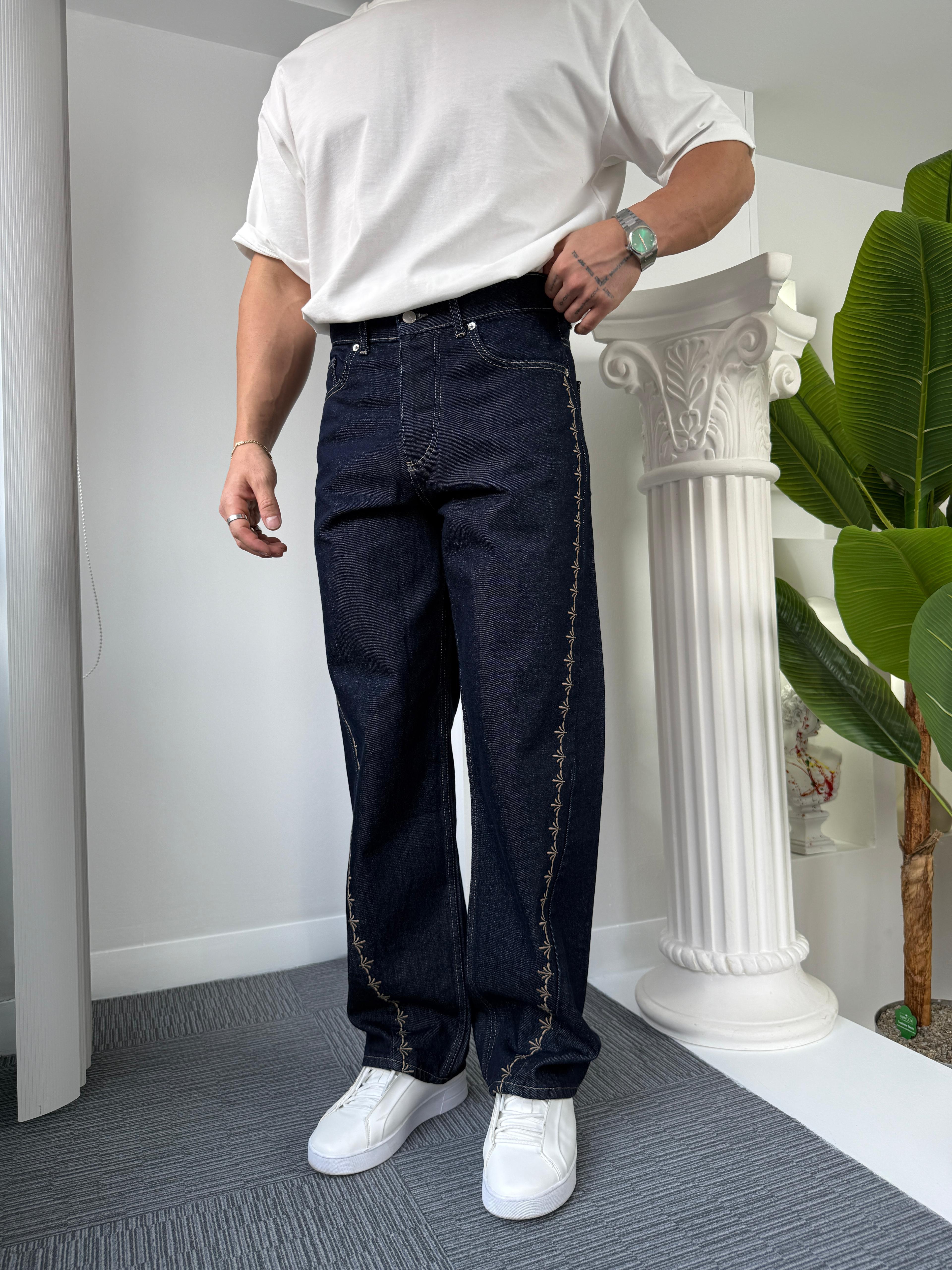Angel Şeritli Regular Jean Koyu Mavi