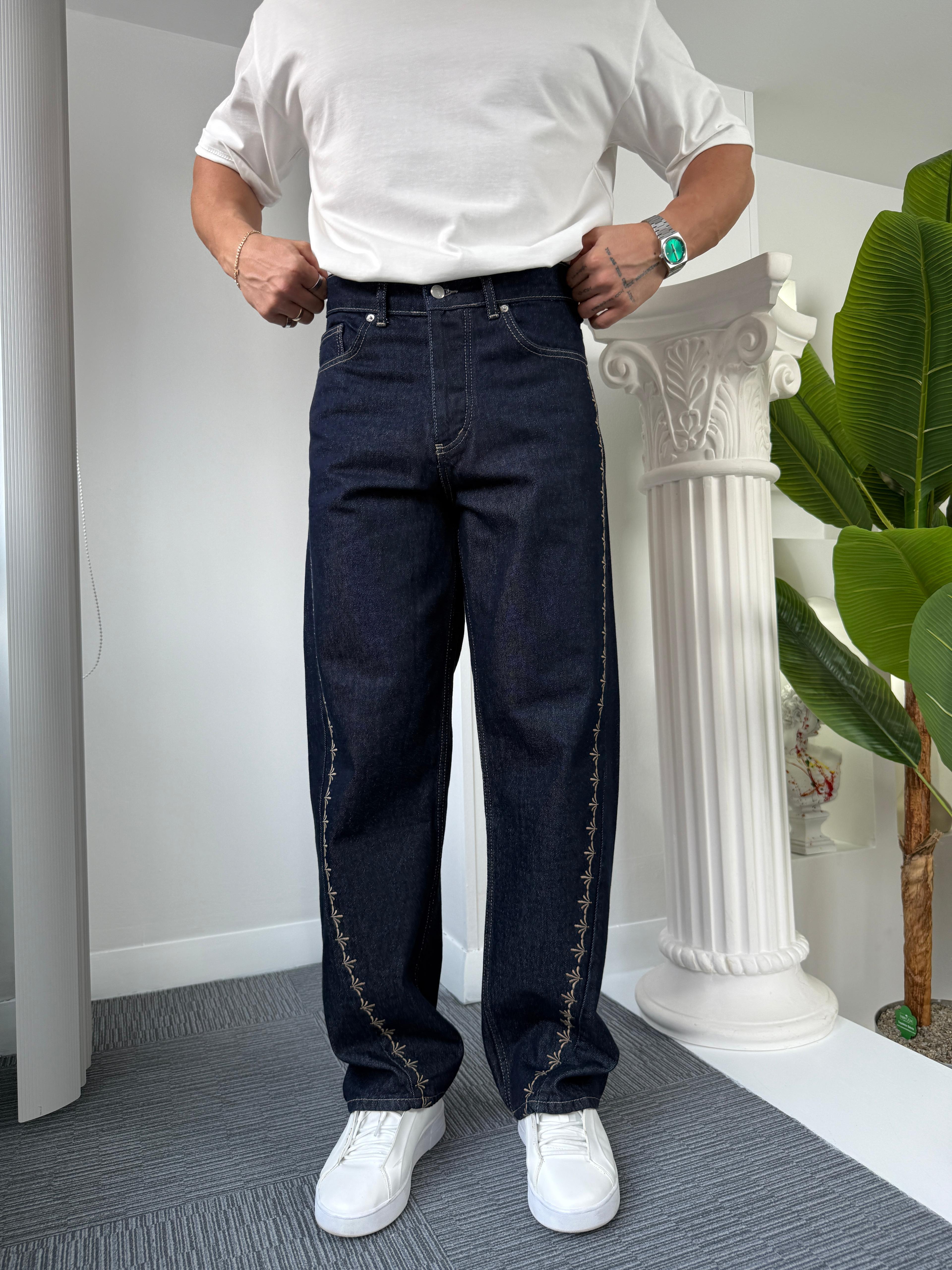 Angel Şeritli Regular Jean Koyu Mavi