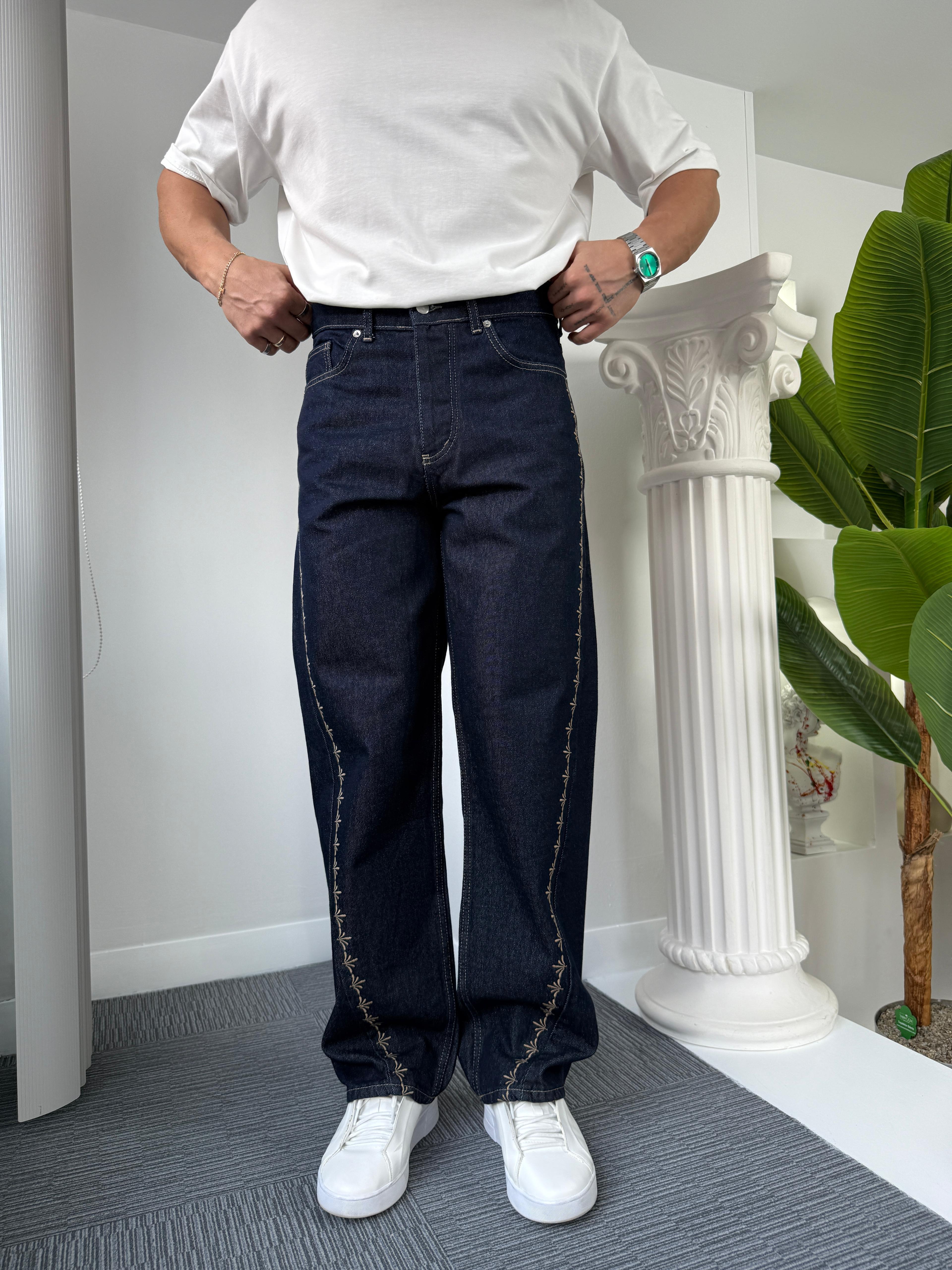 Angel Şeritli Regular Jean Koyu Mavi