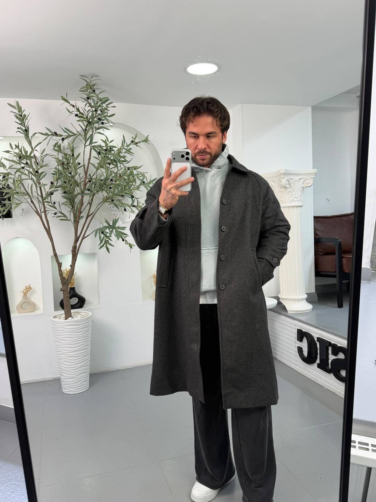 Antrasit GG Oversize Basic Kaşe Kaban