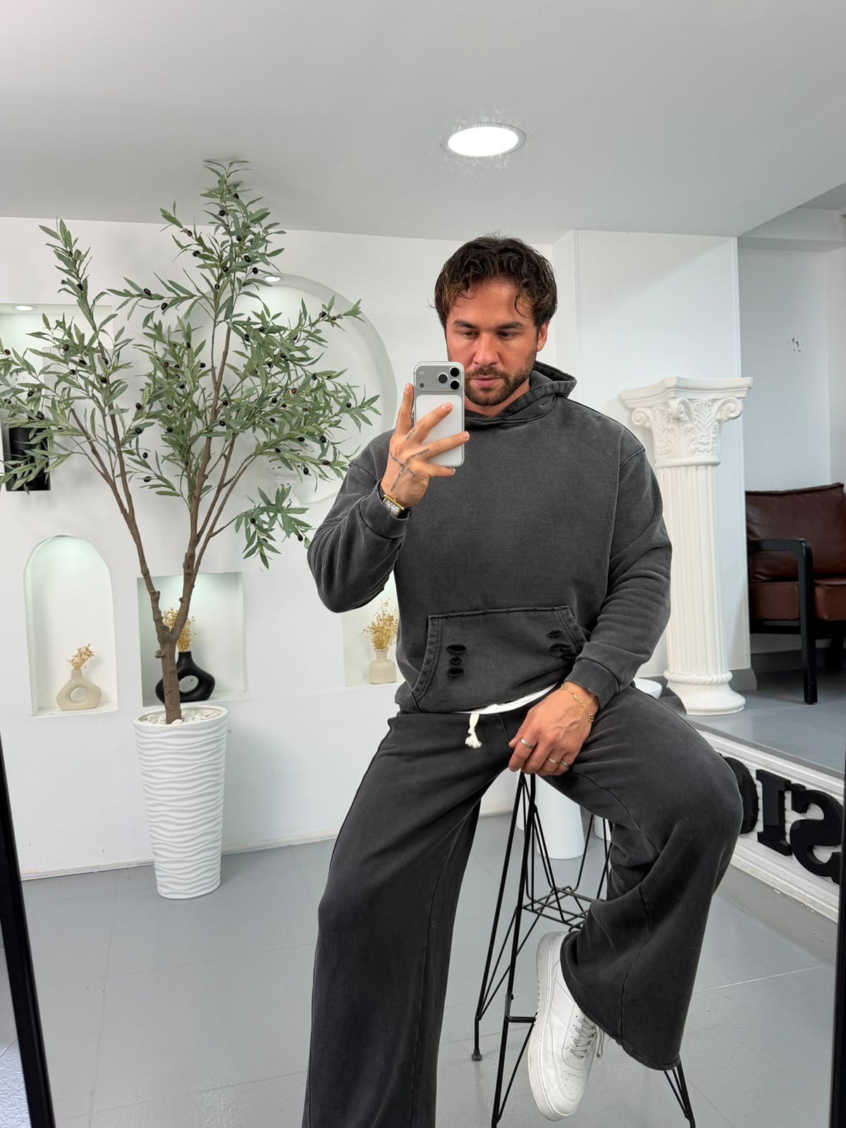 Antrasit RL Yıkamalı Premium Yırtmaçlı Oversize Sweatshirt