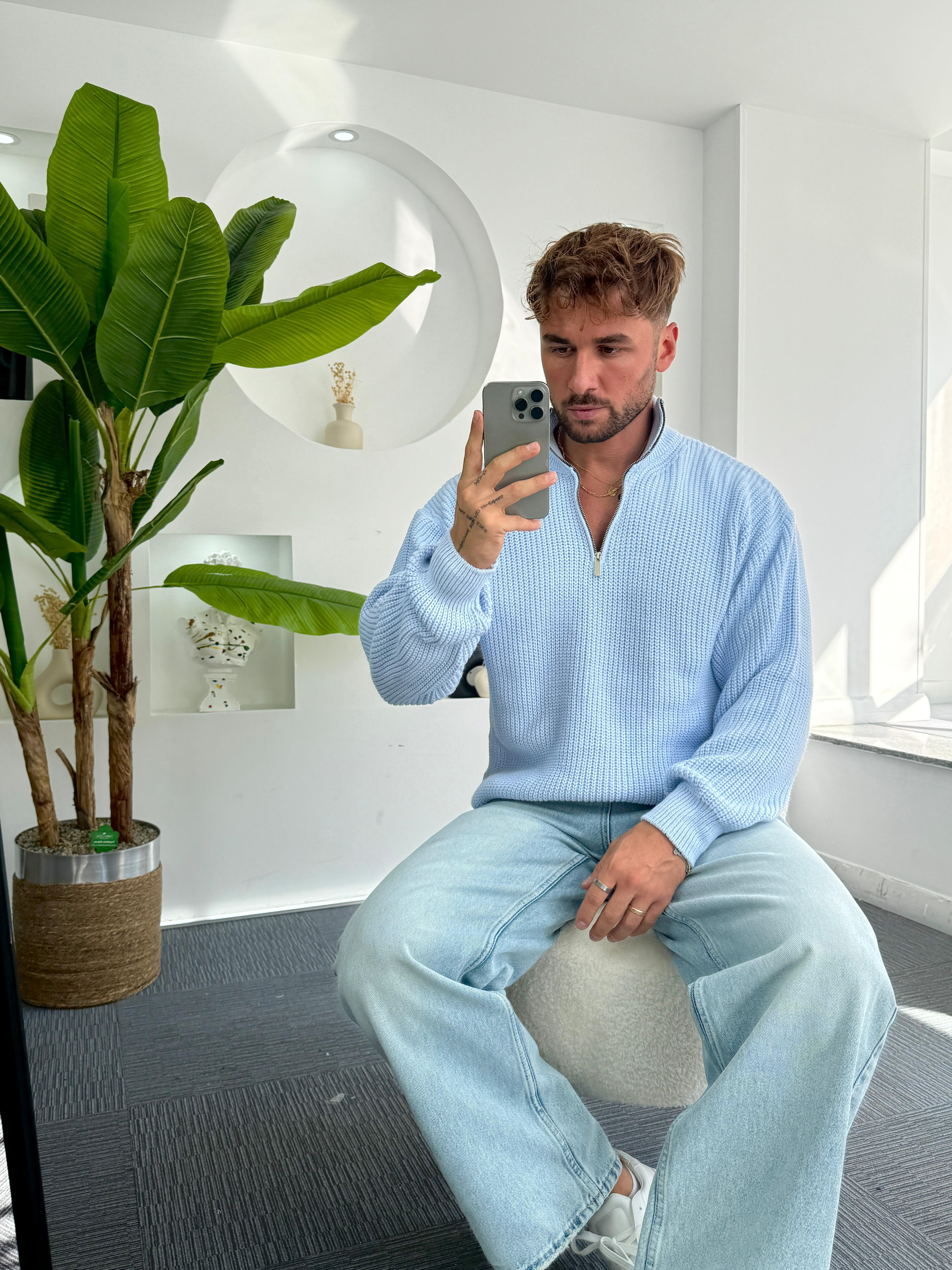 Bebe Mavi Fermuarlı Oversize Örgü Kazak