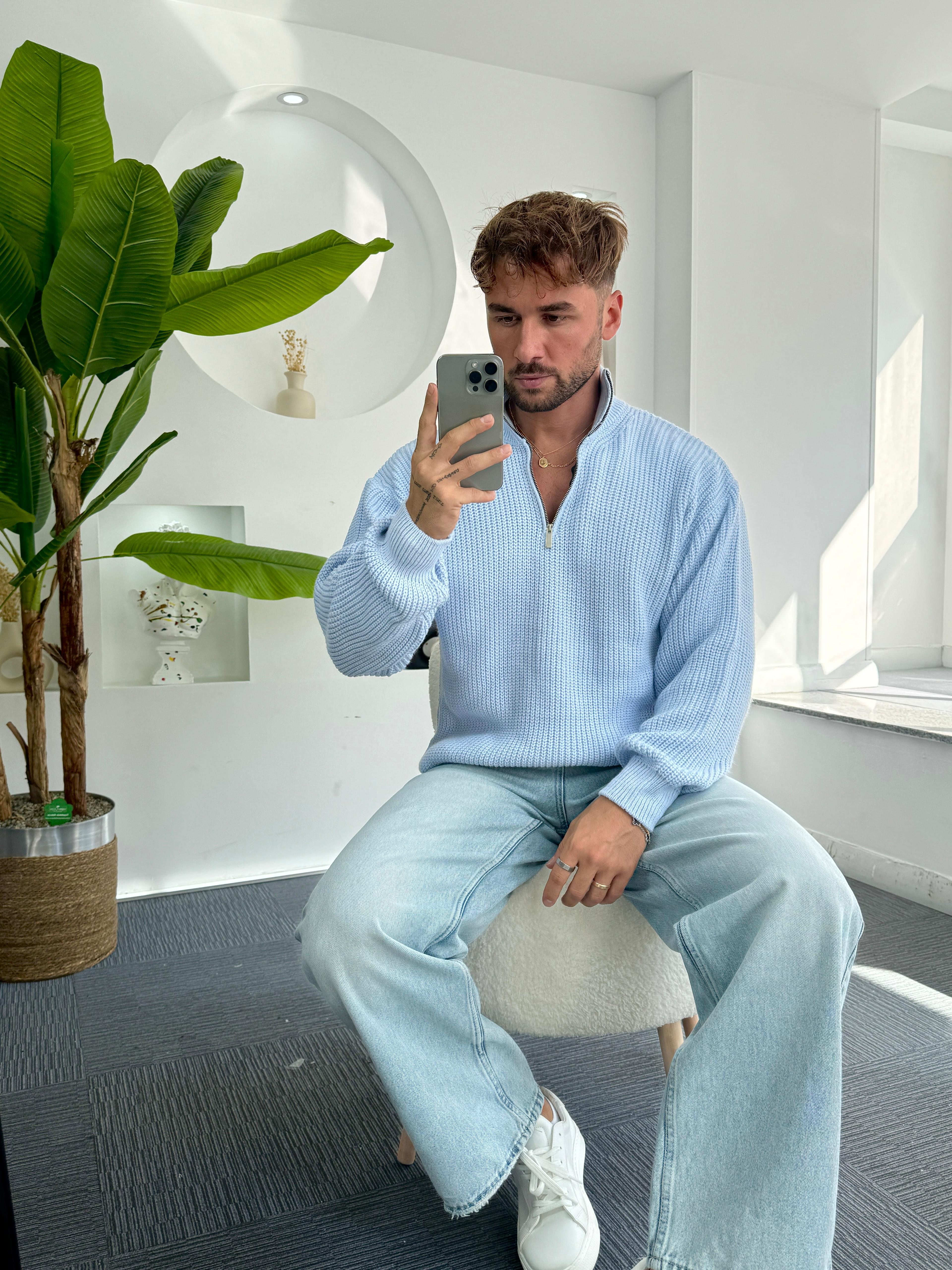 Bebe Mavi Fermuarlı Oversize Örgü Kazak