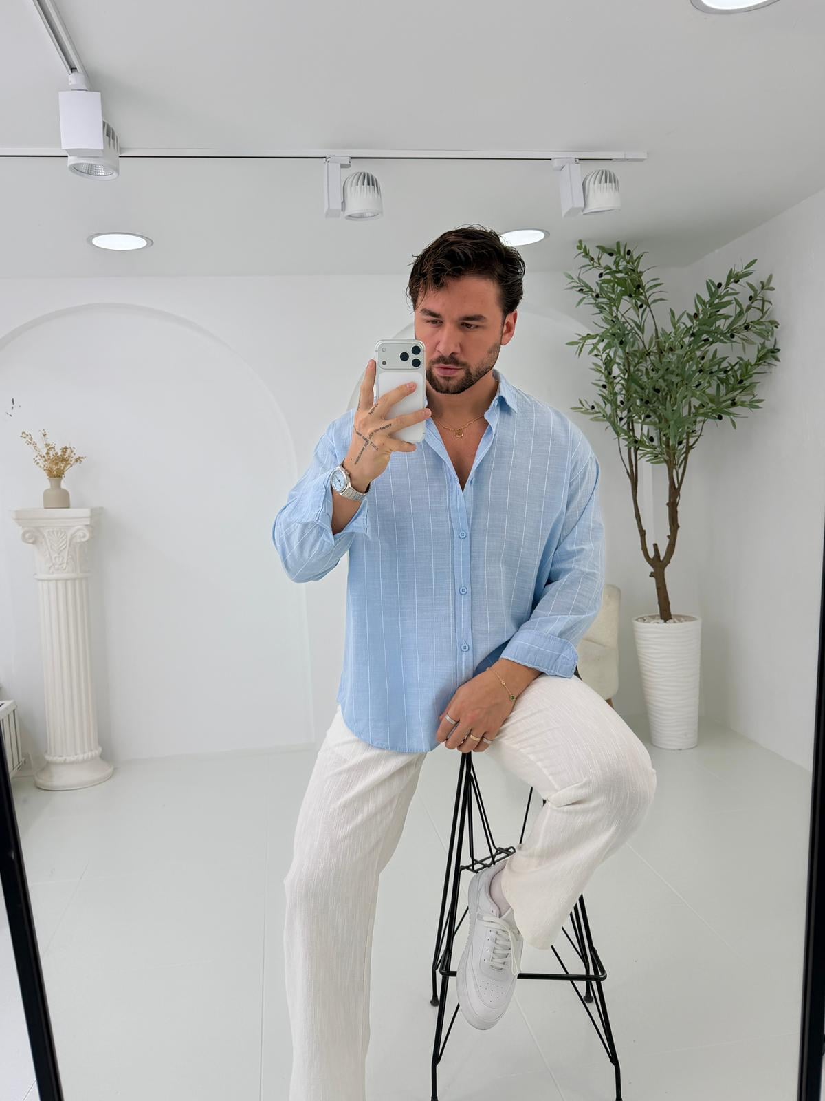 Bebe Mavi GG Geniş Çizgili Oversize Keten Gömlek