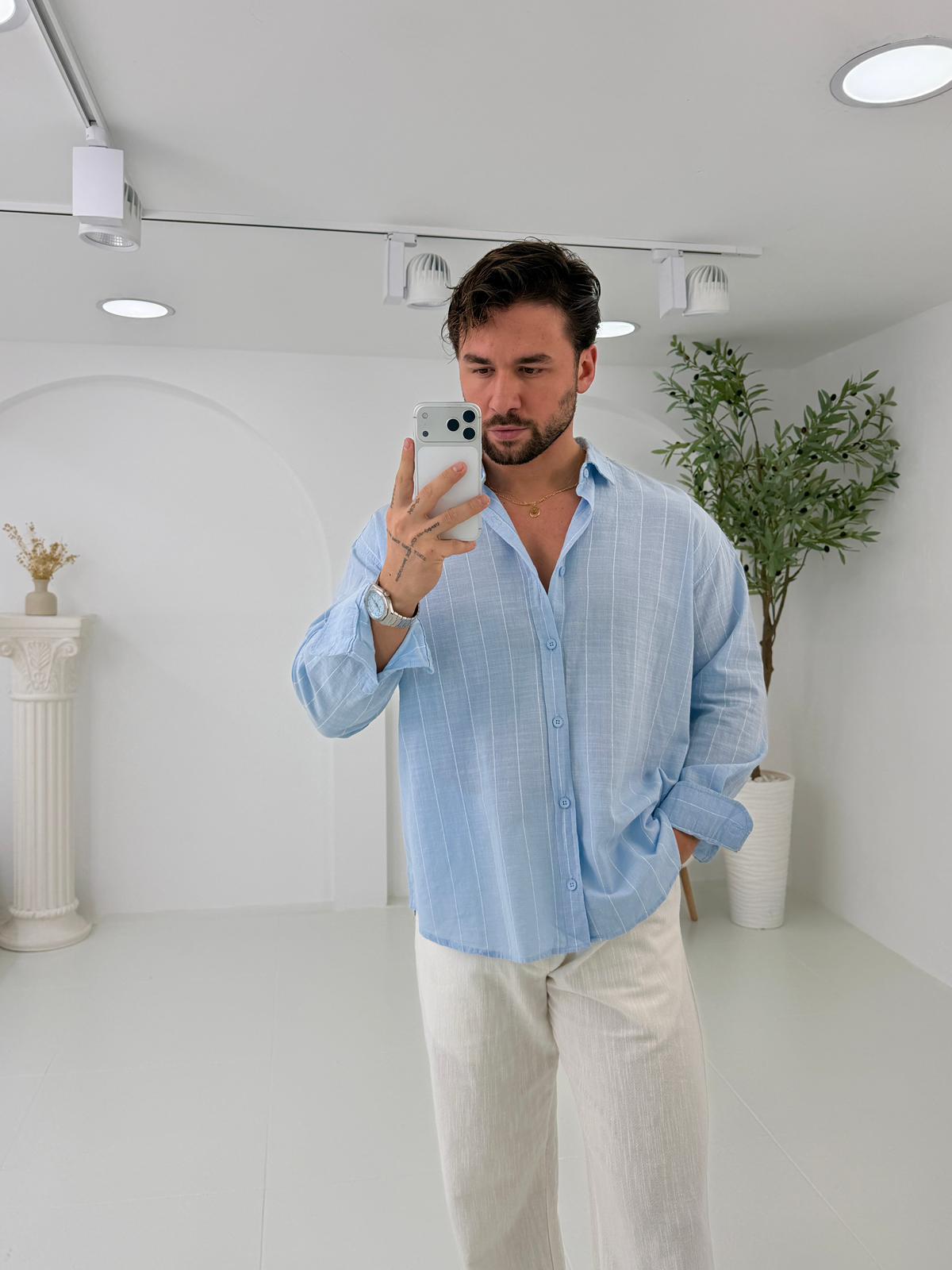 Bebe Mavi GG Geniş Çizgili Oversize Keten Gömlek