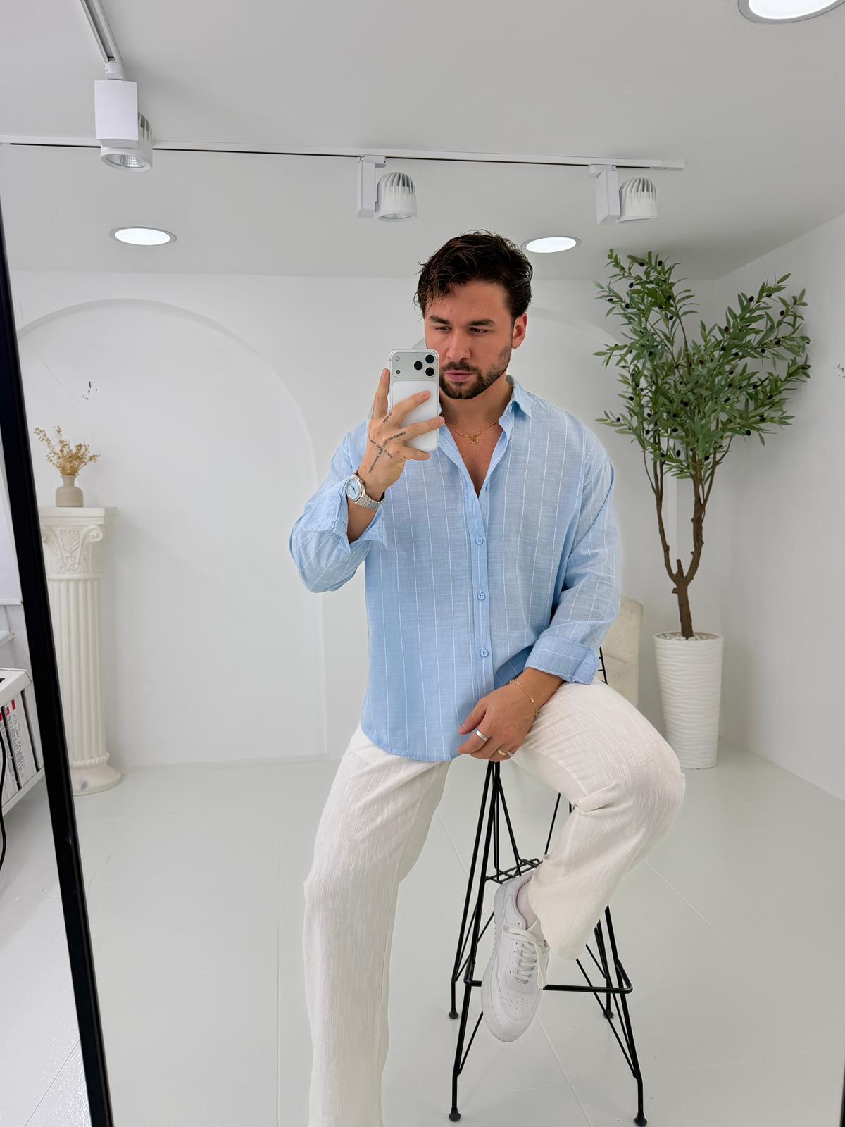 Bebe Mavi GG Geniş Çizgili Oversize Keten Gömlek