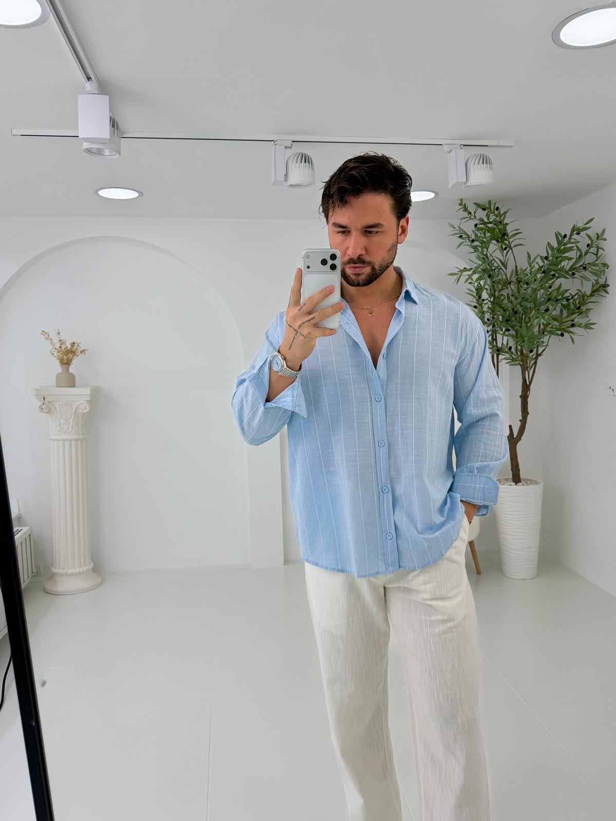 Bebe Mavi GG Geniş Çizgili Oversize Keten Gömlek