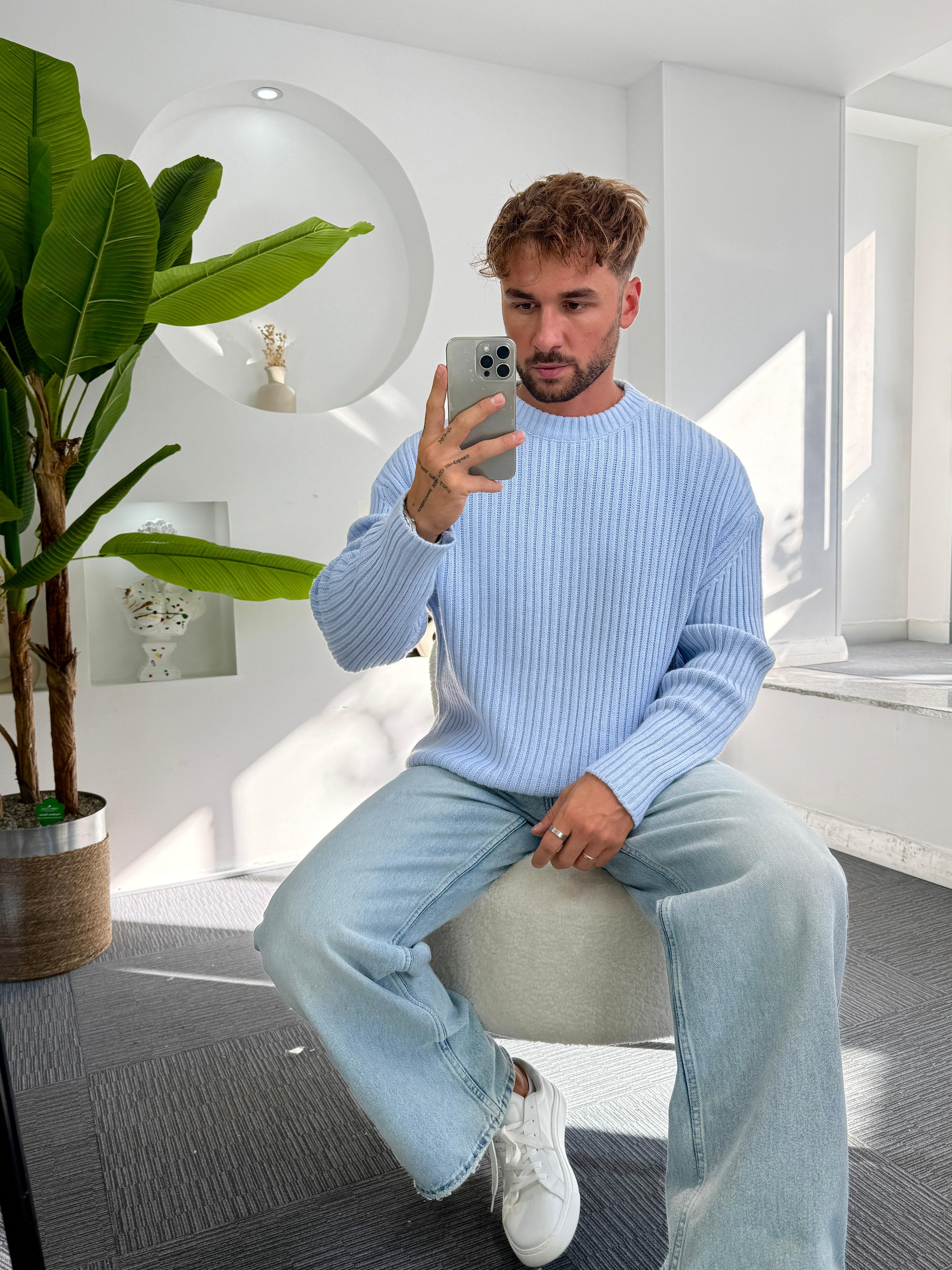 Bebe Mavi Oversize Bisiklet Yaka Örgü Kazak