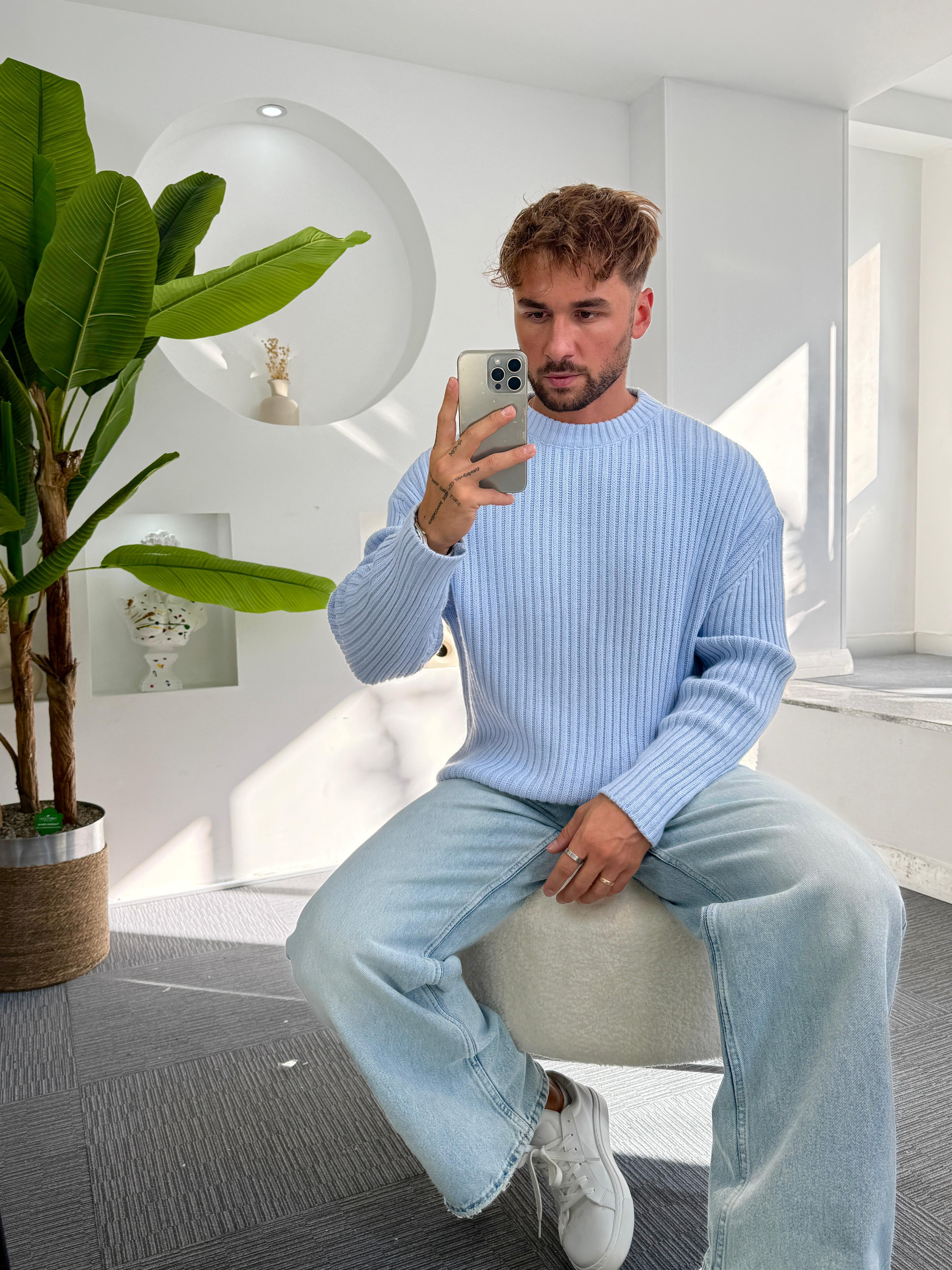 Bebe Mavi Oversize Bisiklet Yaka Örgü Kazak