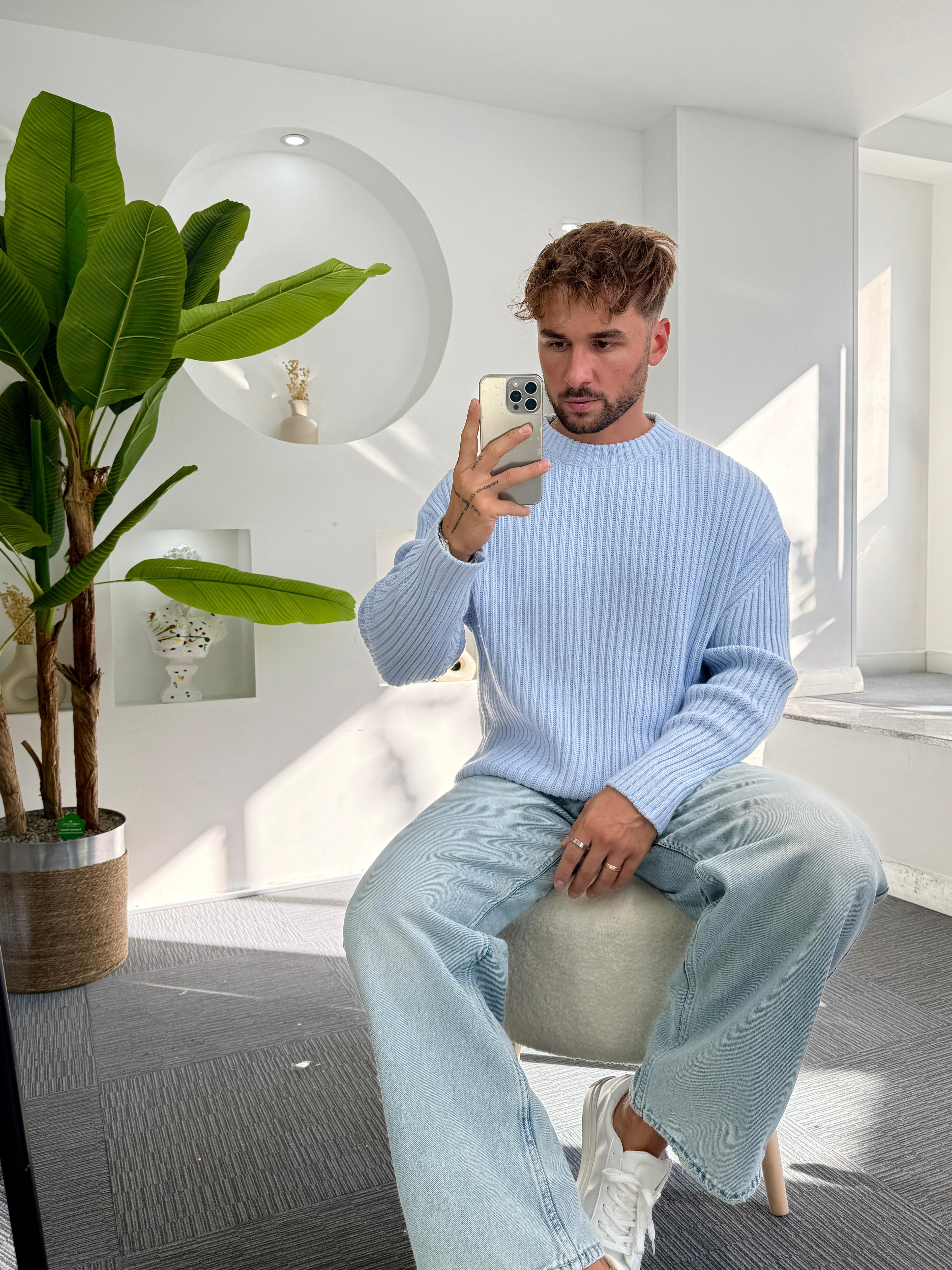 Bebe Mavi Oversize Bisiklet Yaka Örgü Kazak