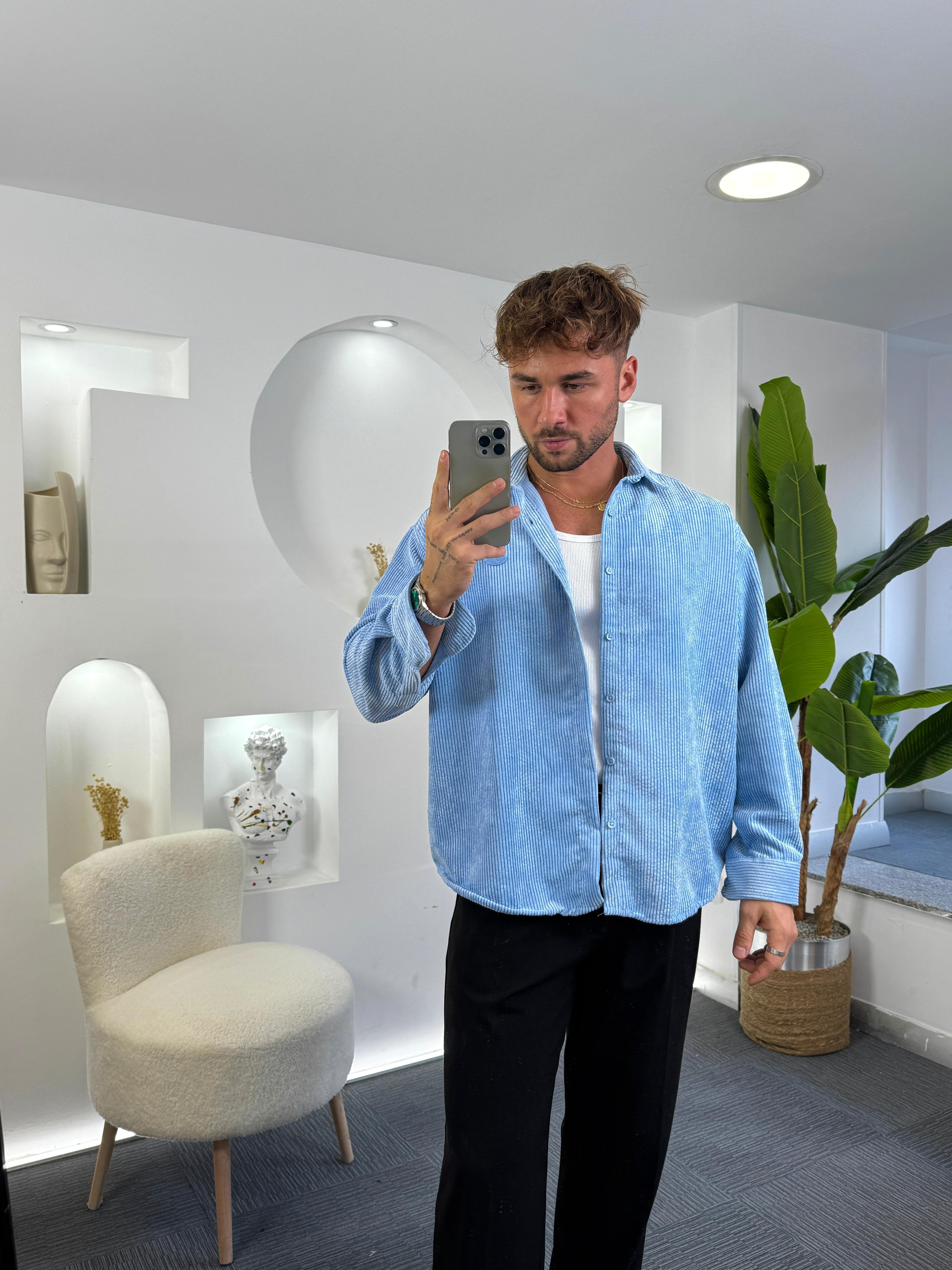 Bebe Mavi Oversize GG Kadife Gömlek