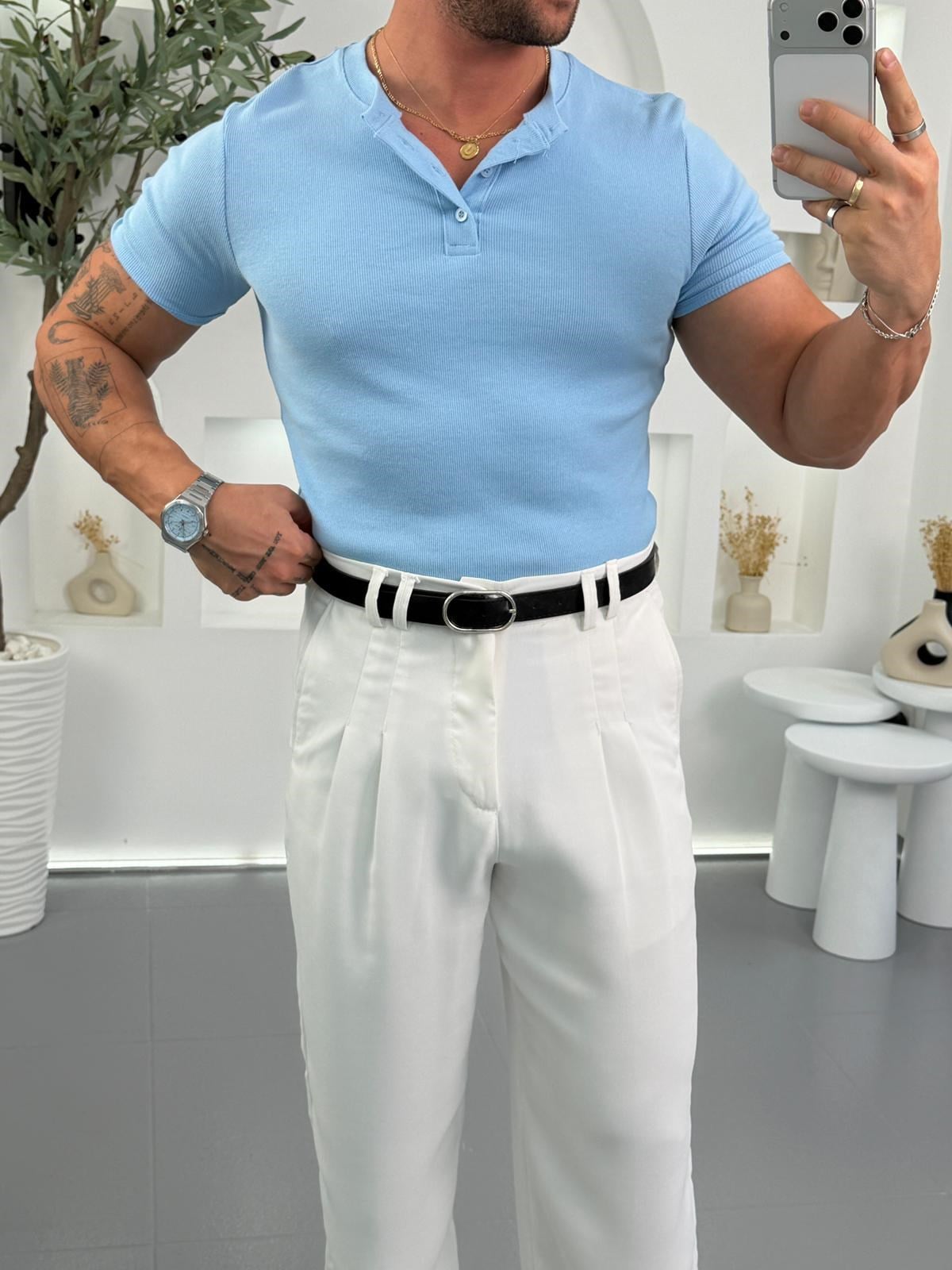 Bebe Mavi RL İnce Fitilli Henley Yaka Tshirt