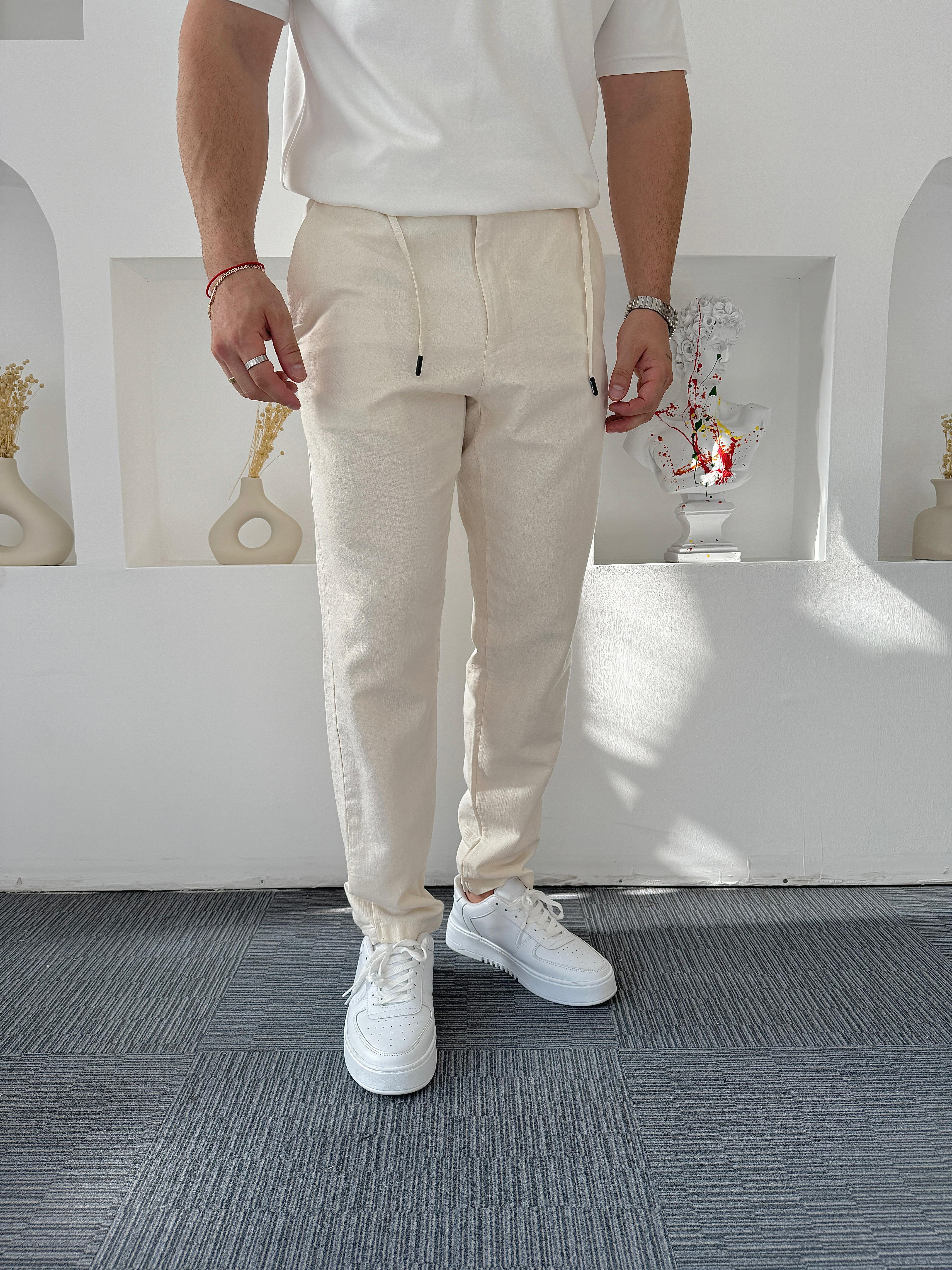 Bej Boyfriend Bağcıklı Keten Pantolon