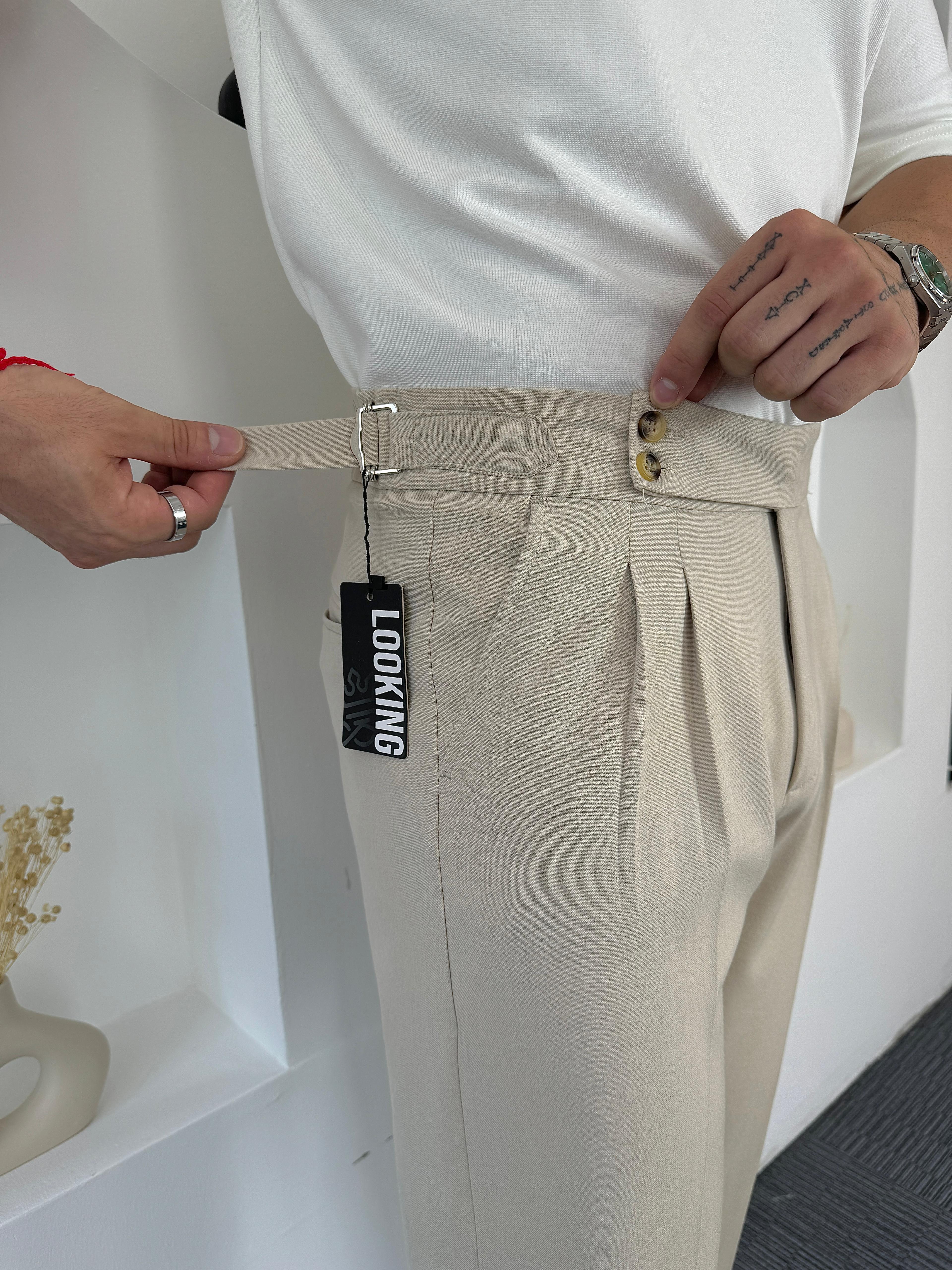 Bej Çift Yan Kemerli Baggy Kumaş Pantolon