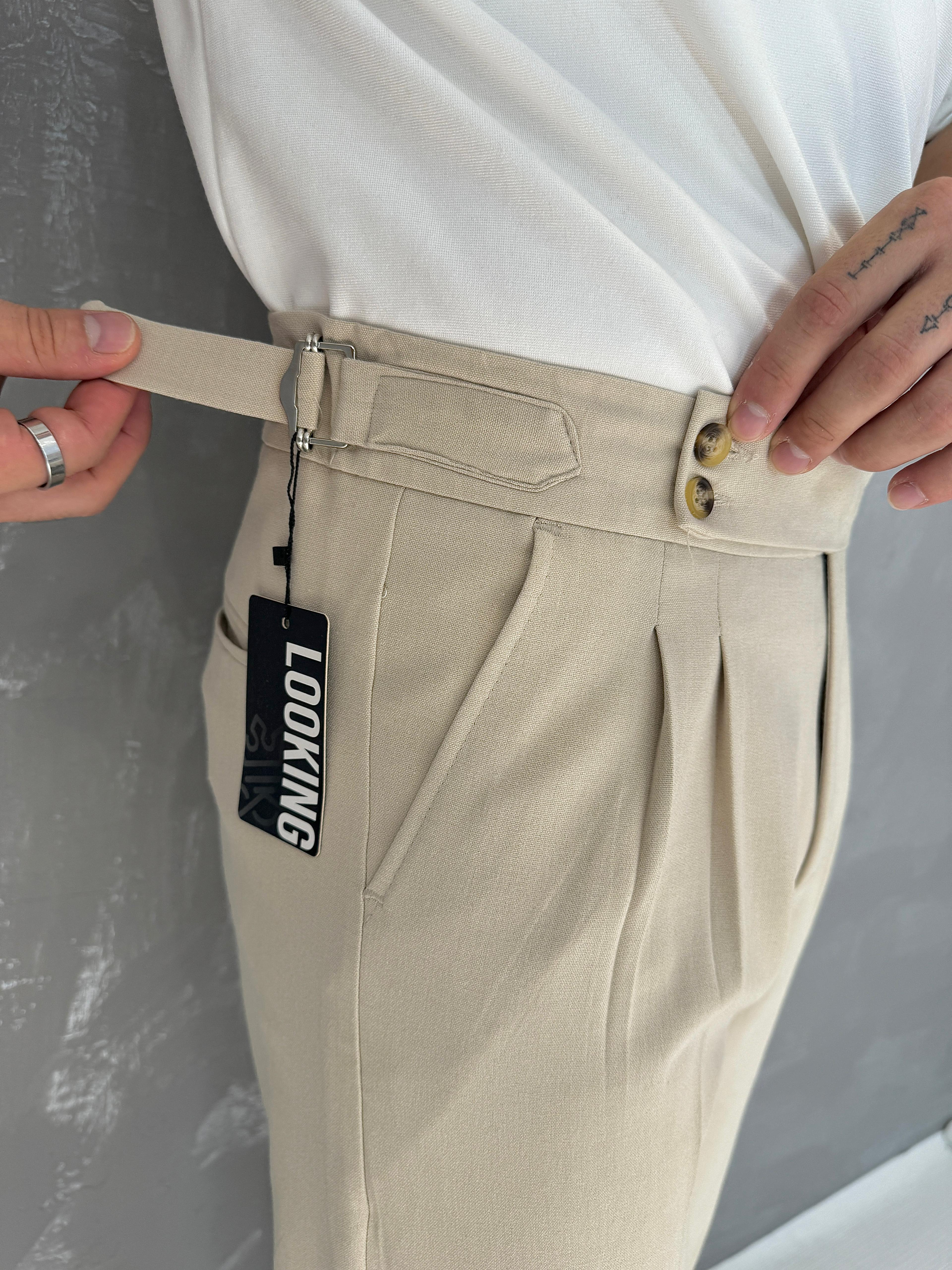 Bej Çift Yan Kemerli Baggy Kumaş Pantolon