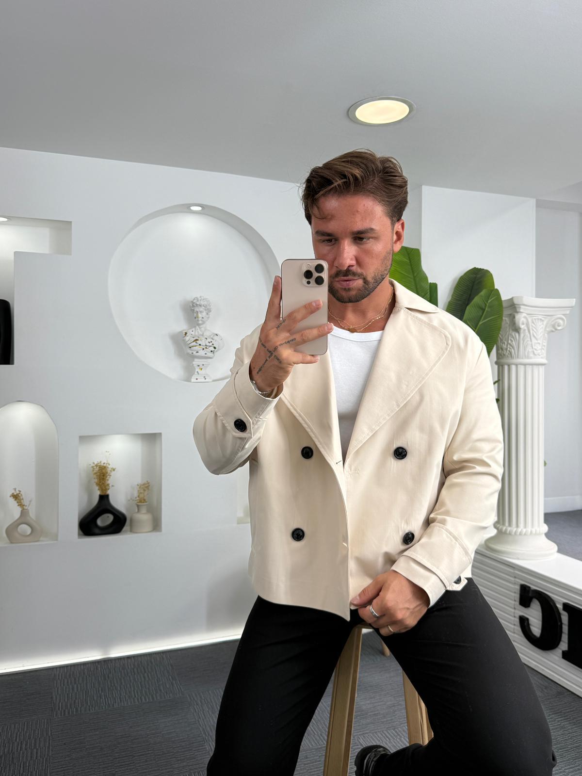 Bej EKS Crop Fit Kruvaze Trençkot