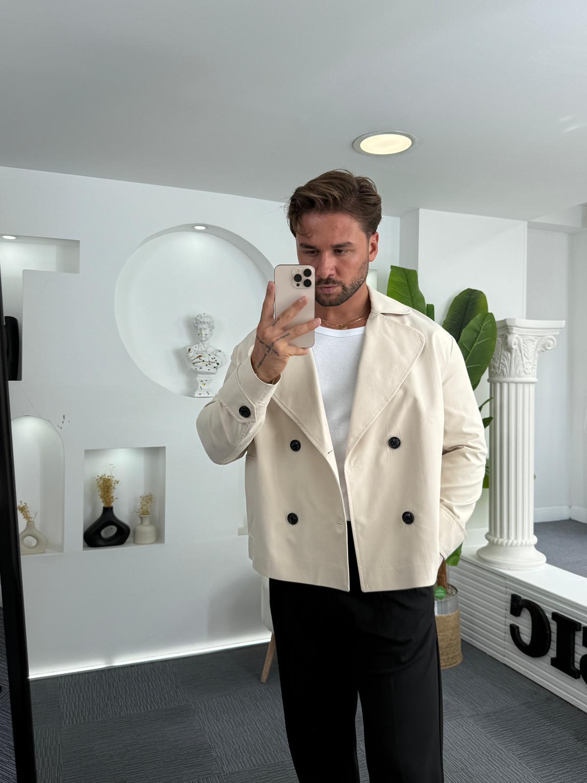 Bej EKS Crop Fit Kruvaze Trençkot