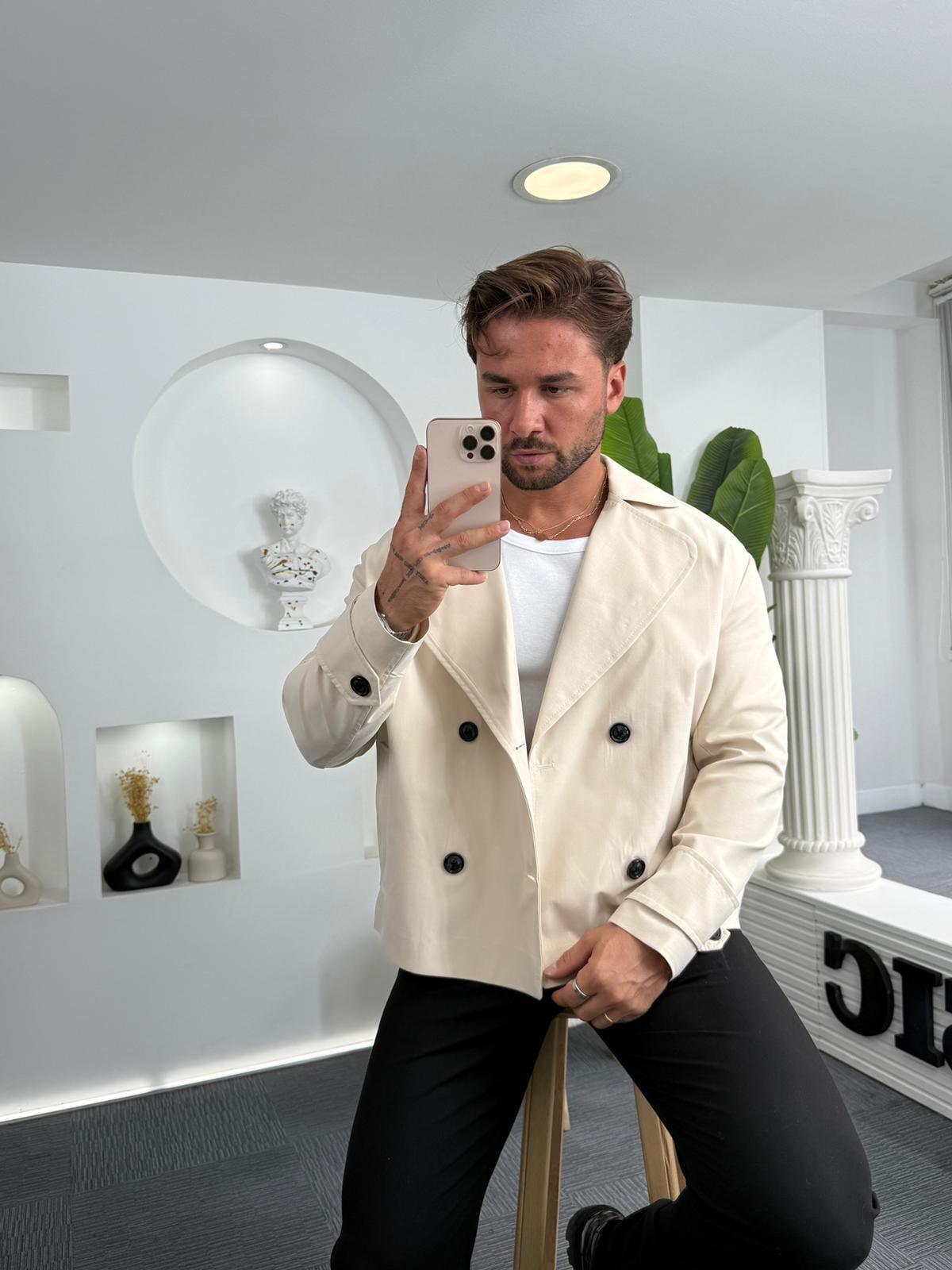 Bej EKS Crop Fit Kruvaze Trençkot