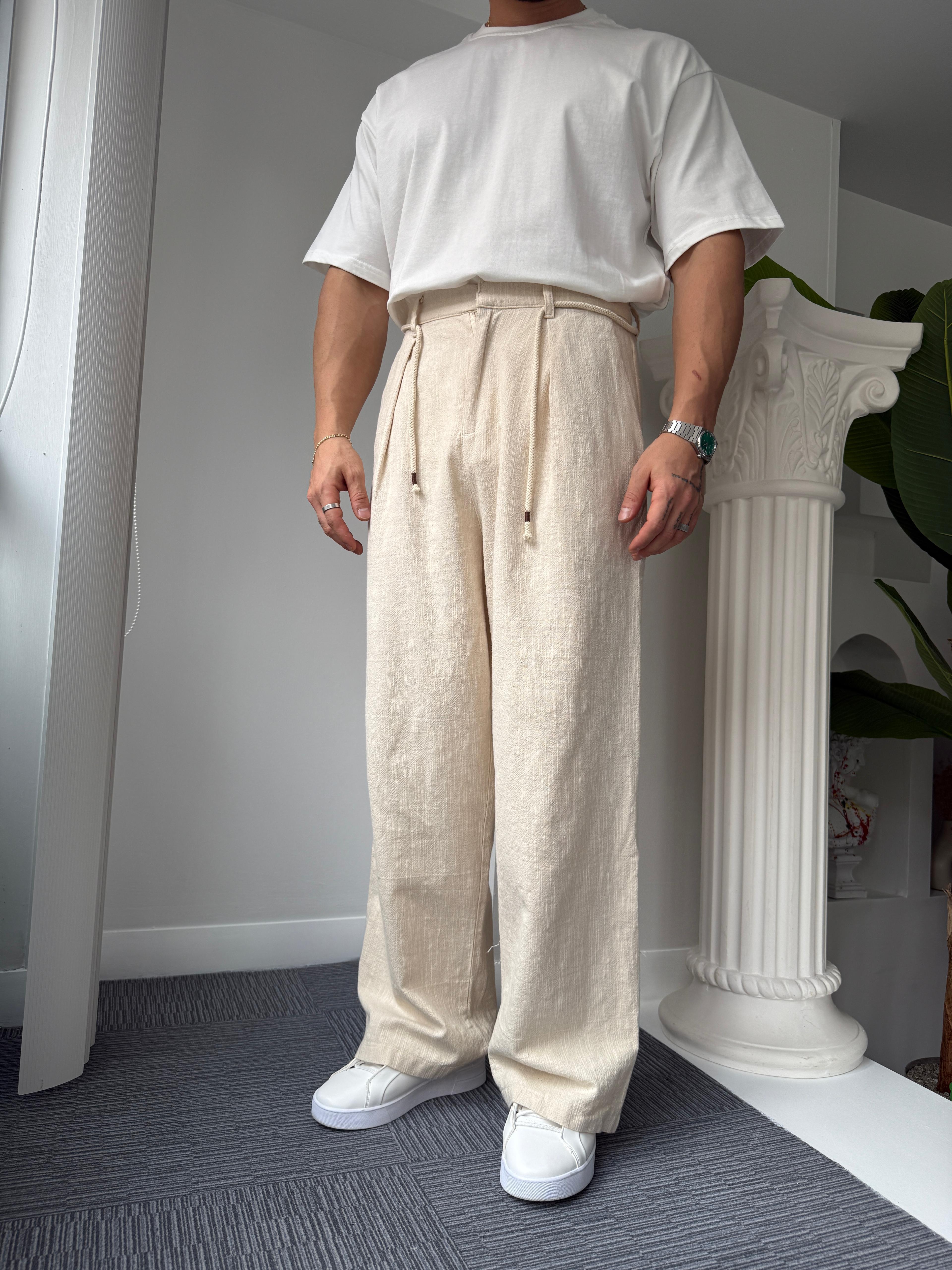 Bej Ekstra Baggy Bağcıklı Linen Pantolon