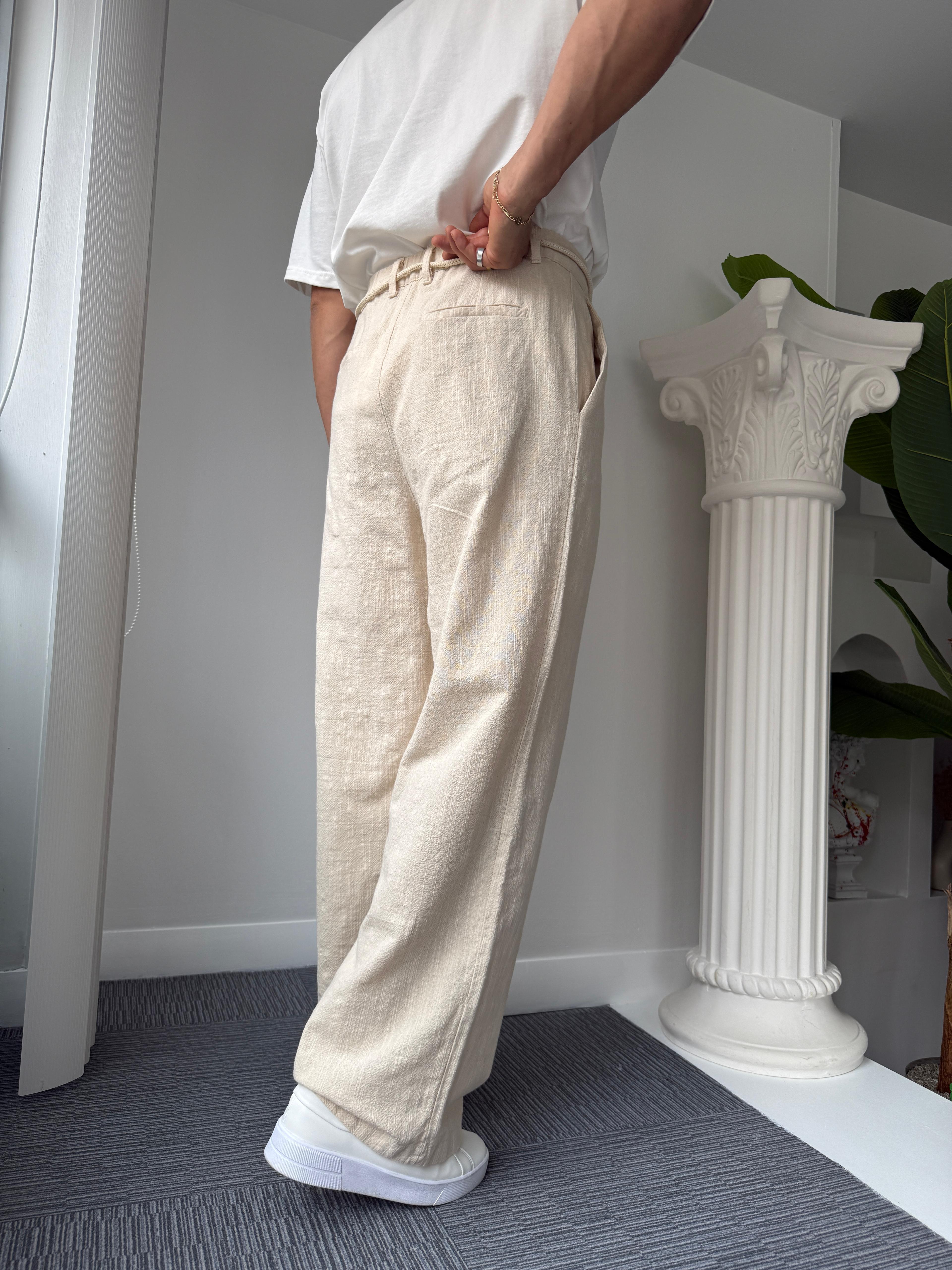 Bej Ekstra Baggy Bağcıklı Linen Pantolon