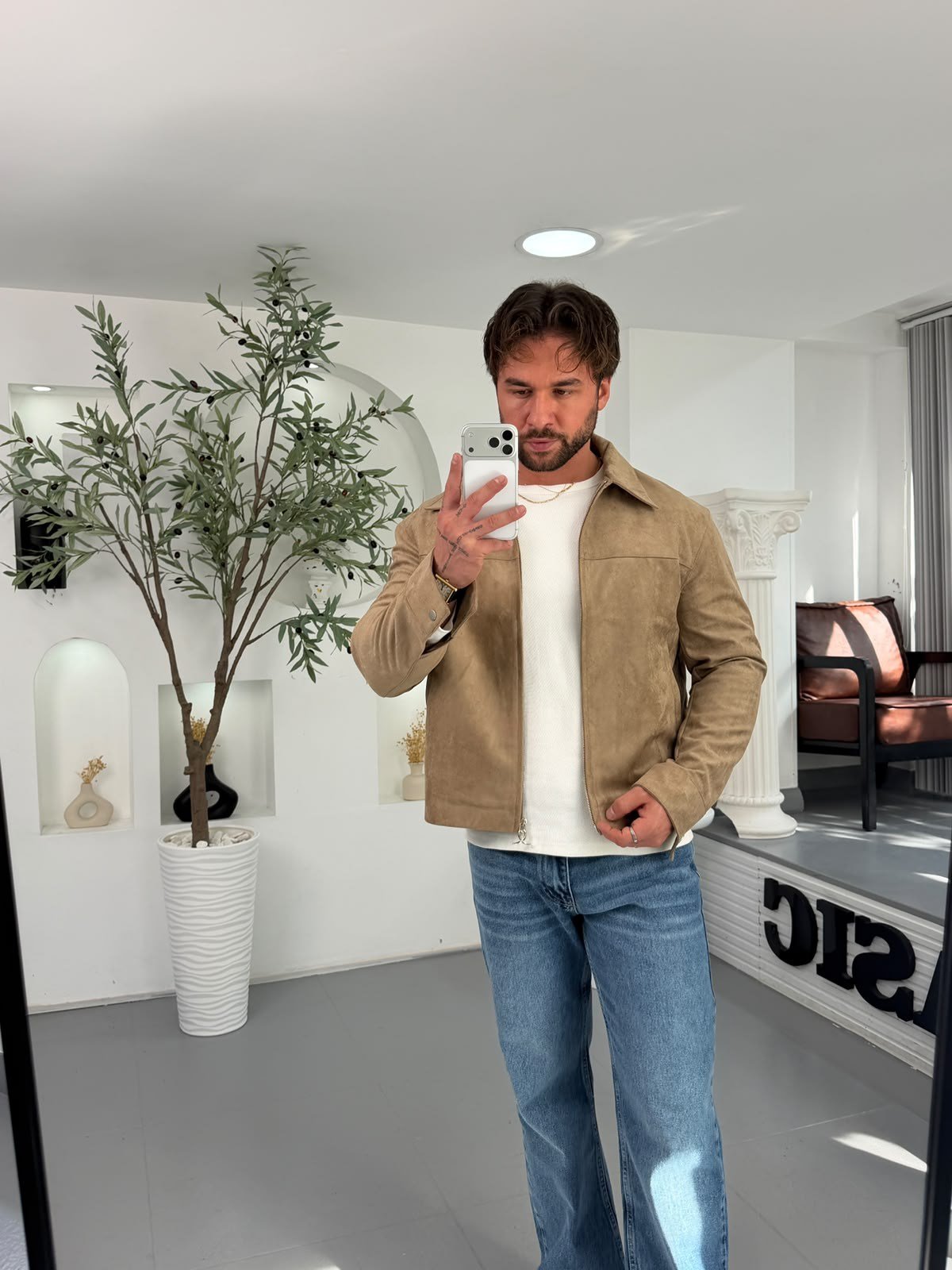 Bej GG Boxy Fit Nubuk Süet Ceket