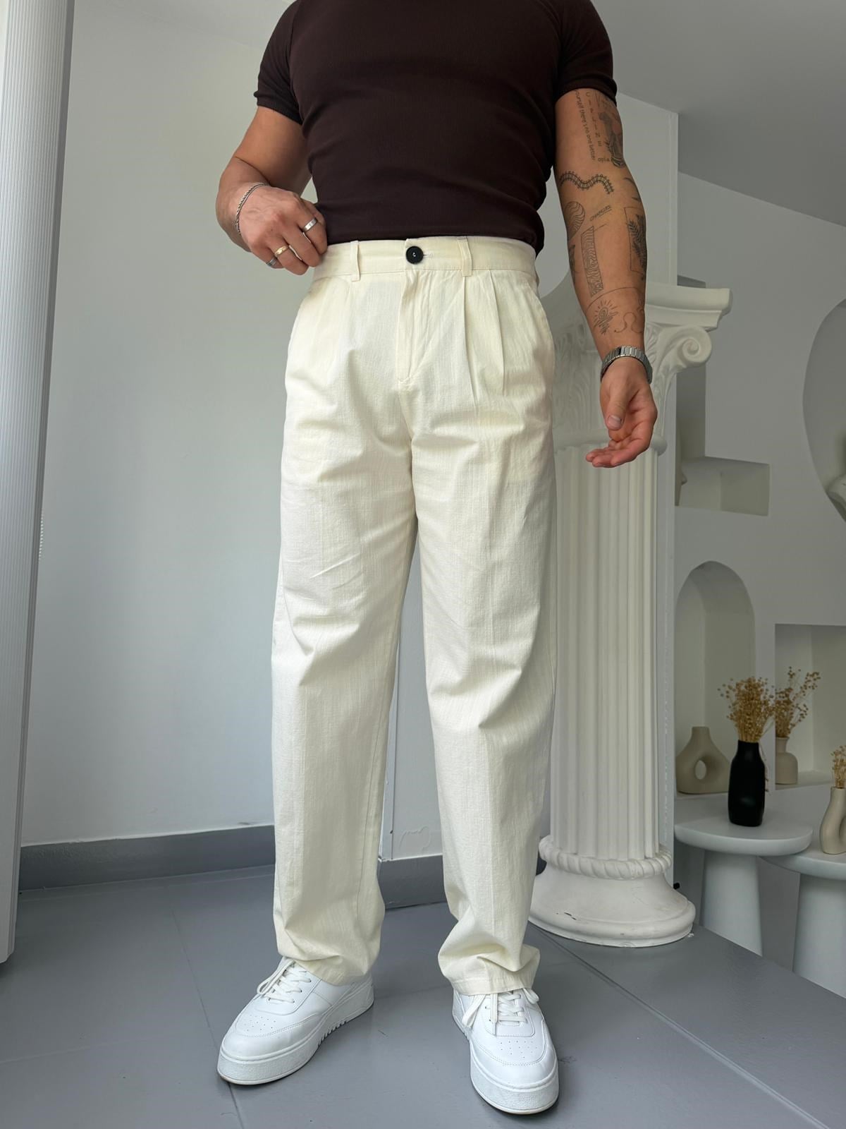 Bej GG Cavello Düğmeli Pileli Baggy Keten Pantolon