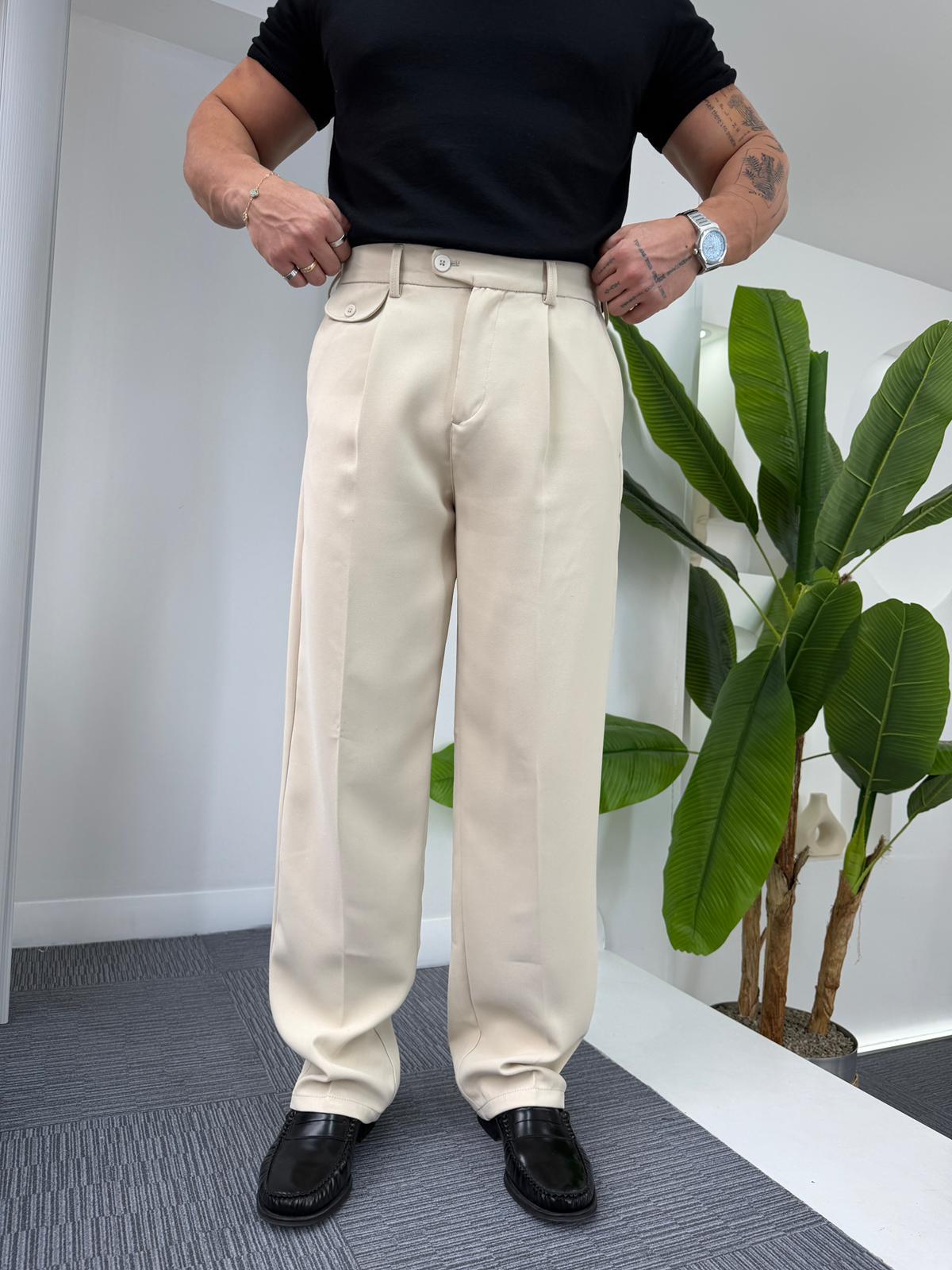 Bej GG Cep Pileli Baggy Kumaş Pantolon