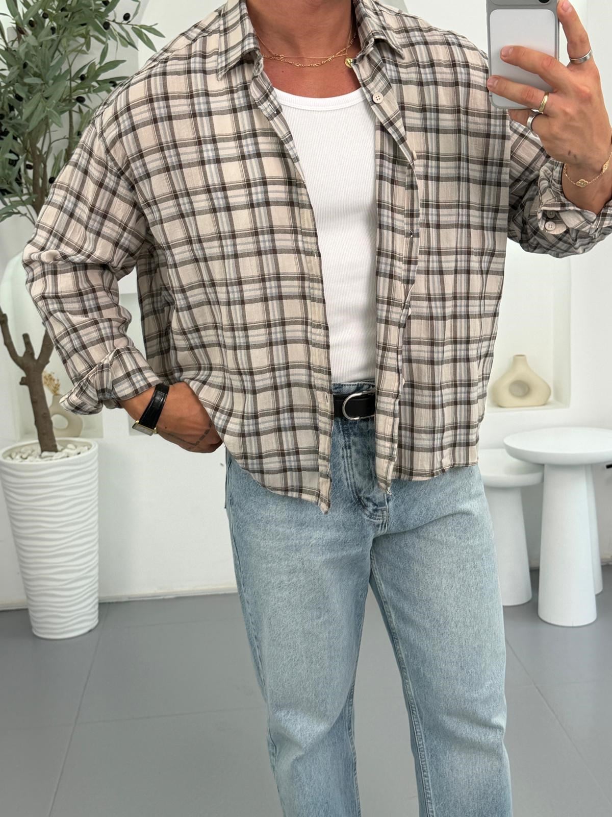 Bej GG Ekose Crop Fit Gömlek Gömlek