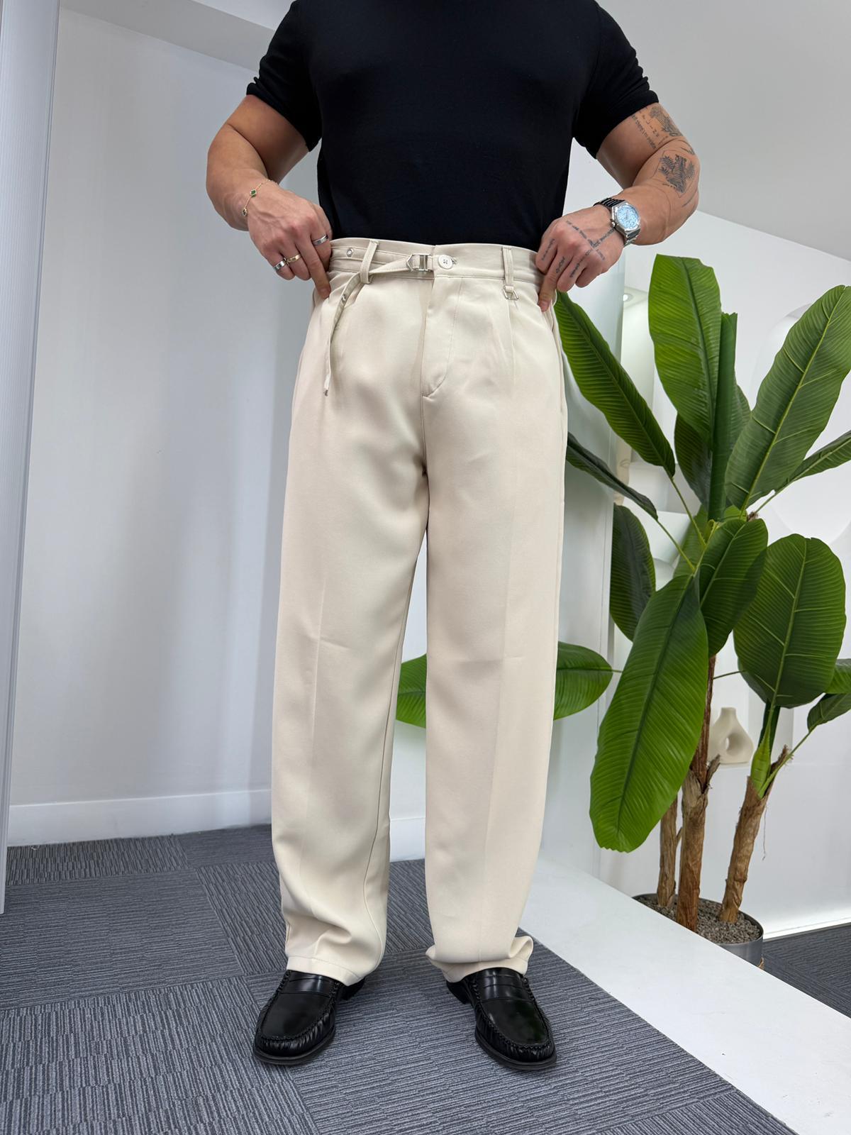 Bej GG Kemerli Linda Baggy Kumaş Pantolon