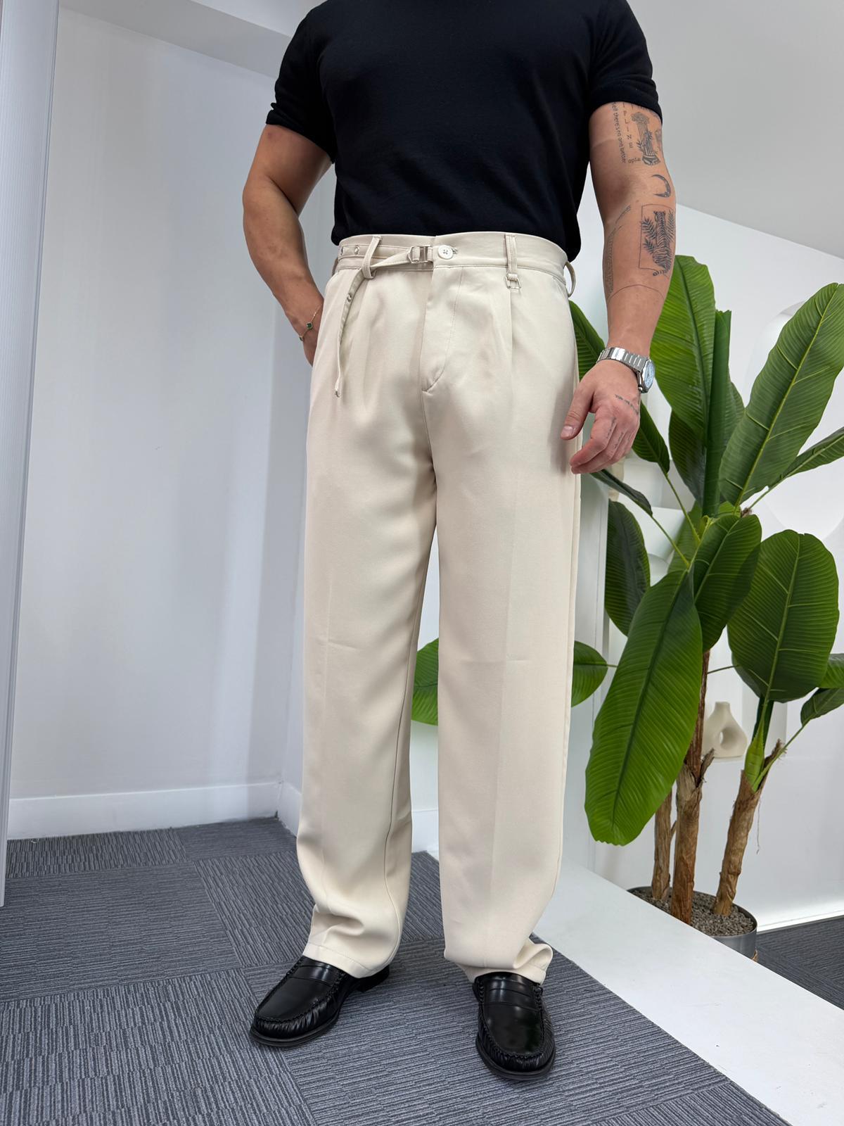 Bej GG Kemerli Linda Baggy Kumaş Pantolon