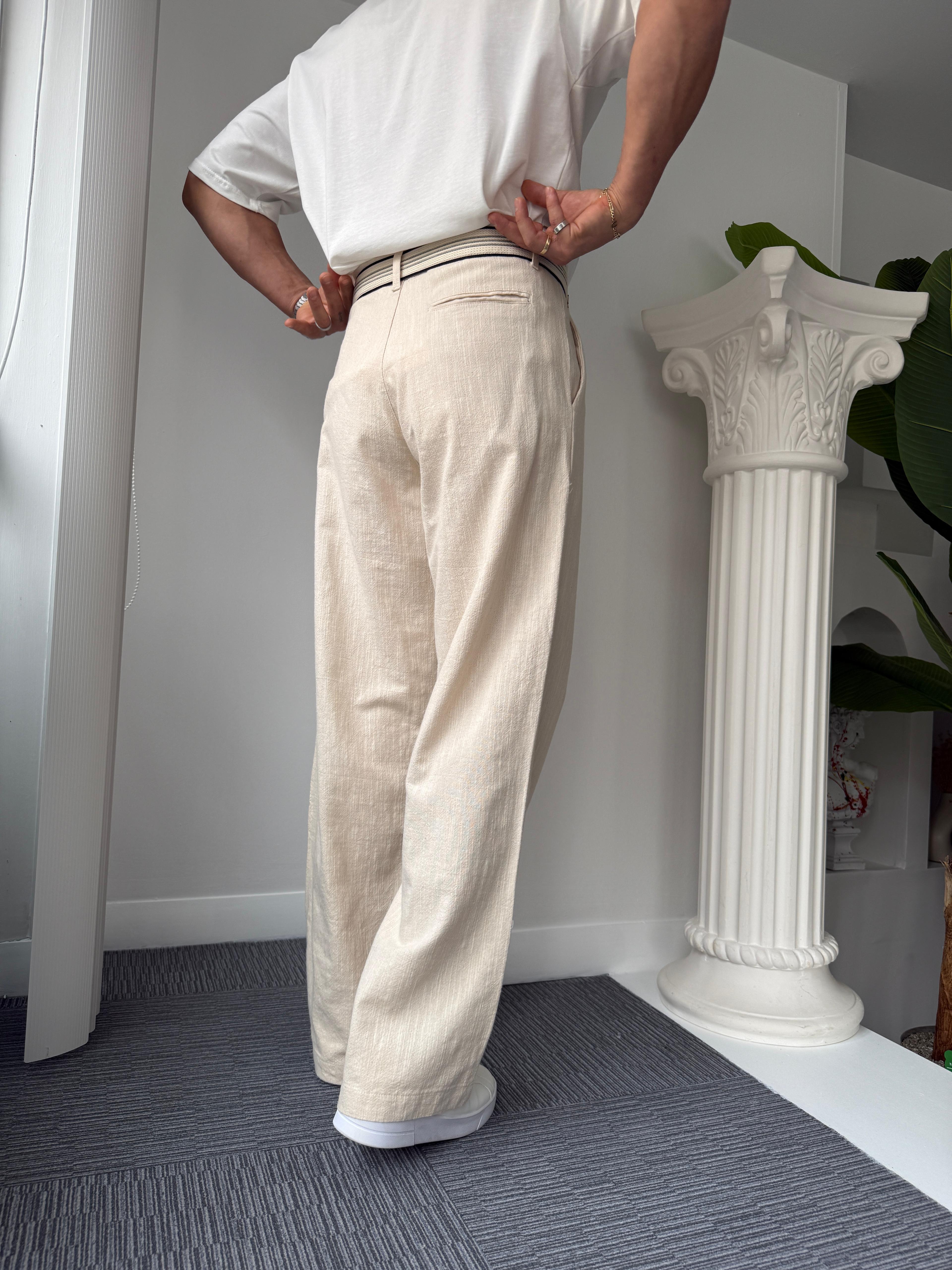 Bej GG Kemerli Linen Pantolon