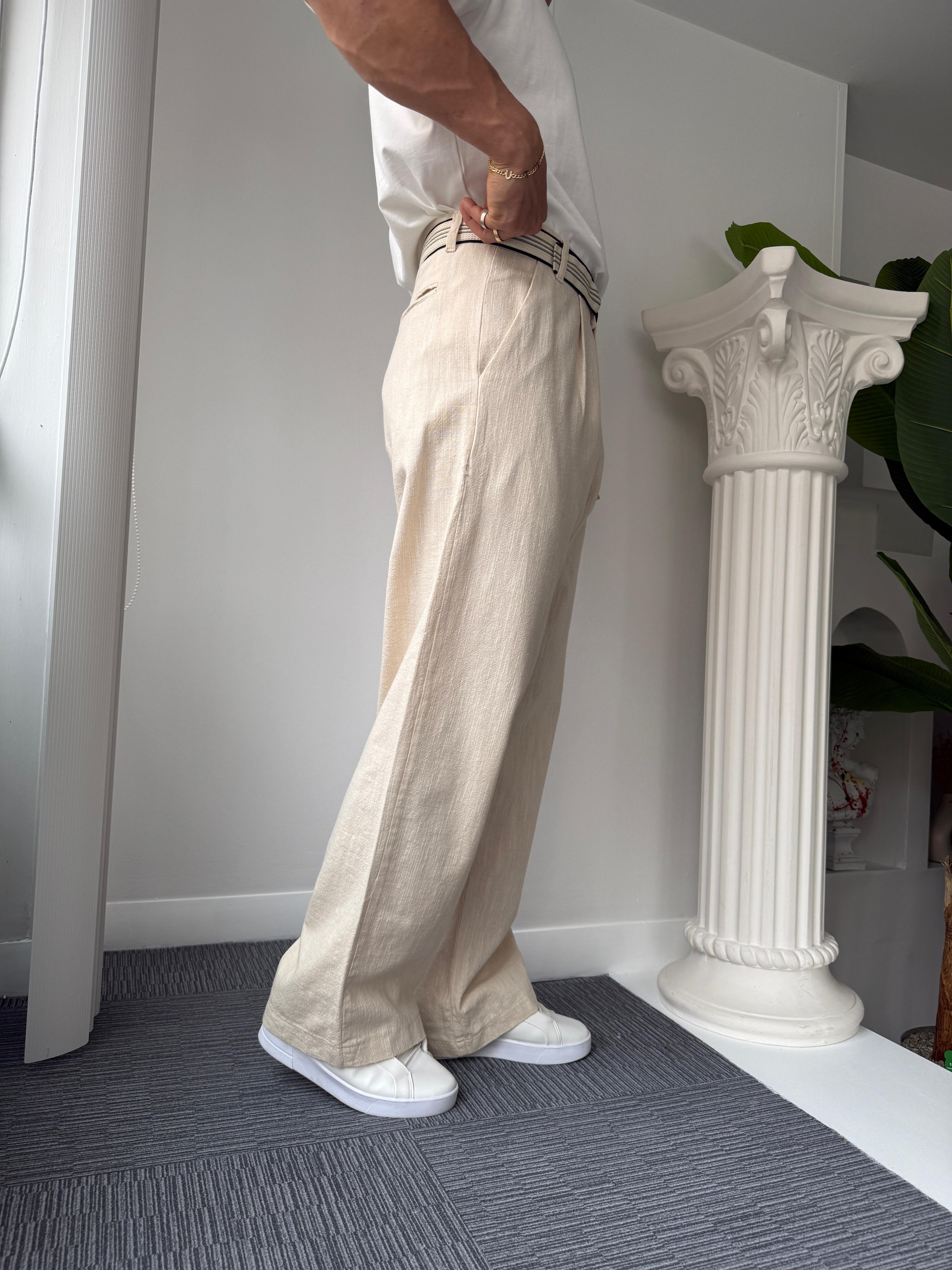 Bej GG Kemerli Linen Pantolon