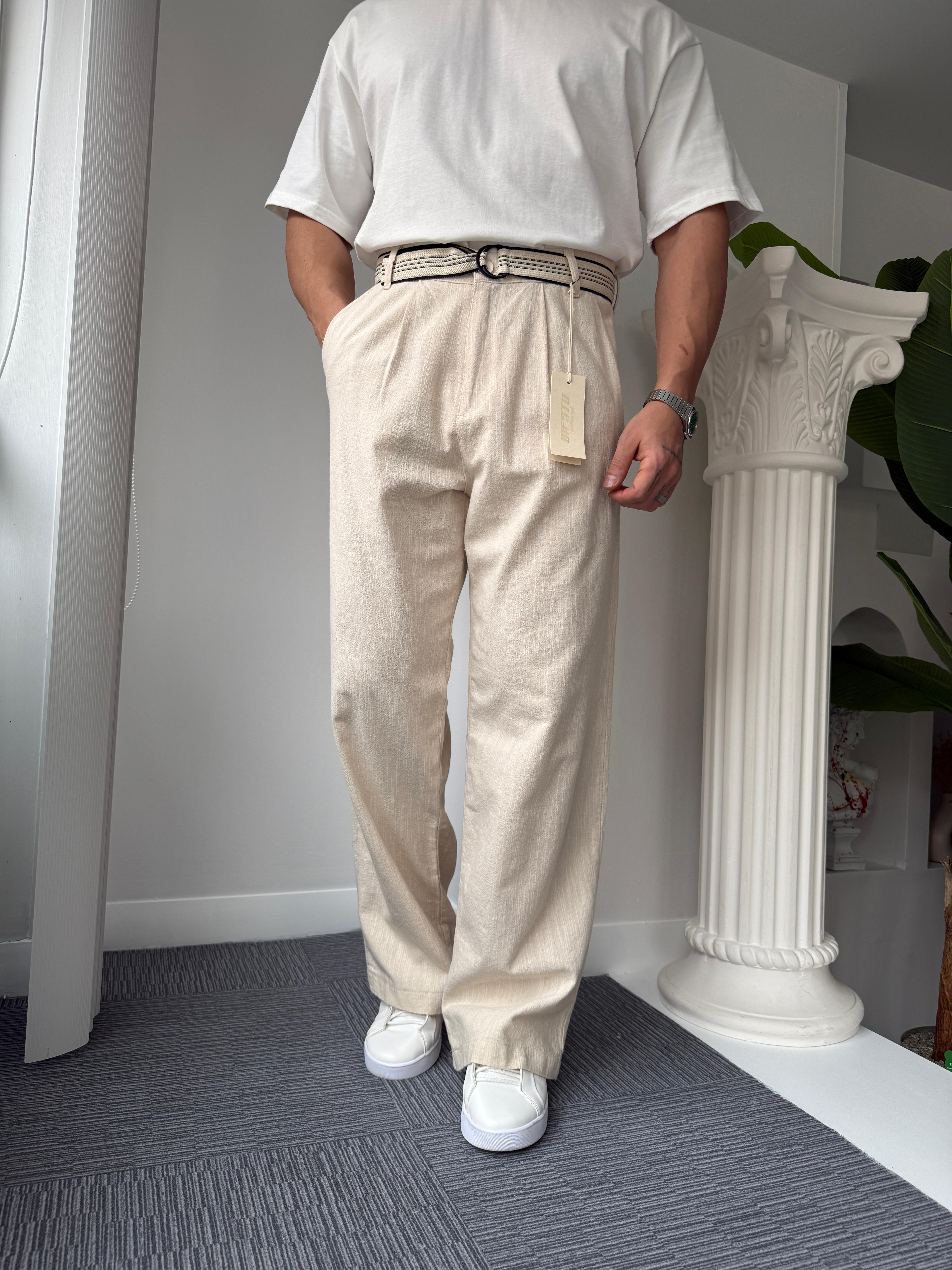 Bej GG Kemerli Linen Pantolon