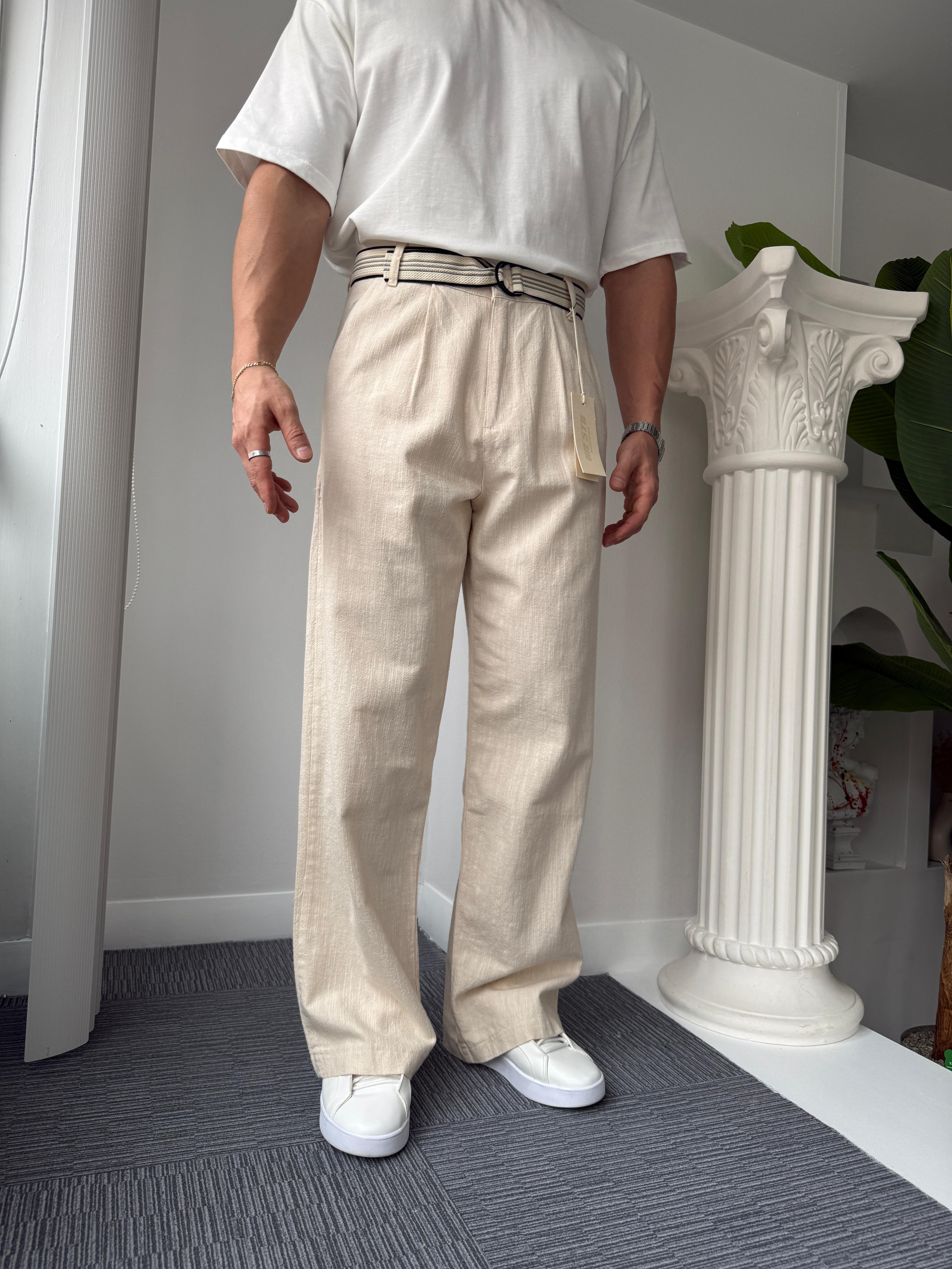 Bej GG Kemerli Linen Pantolon