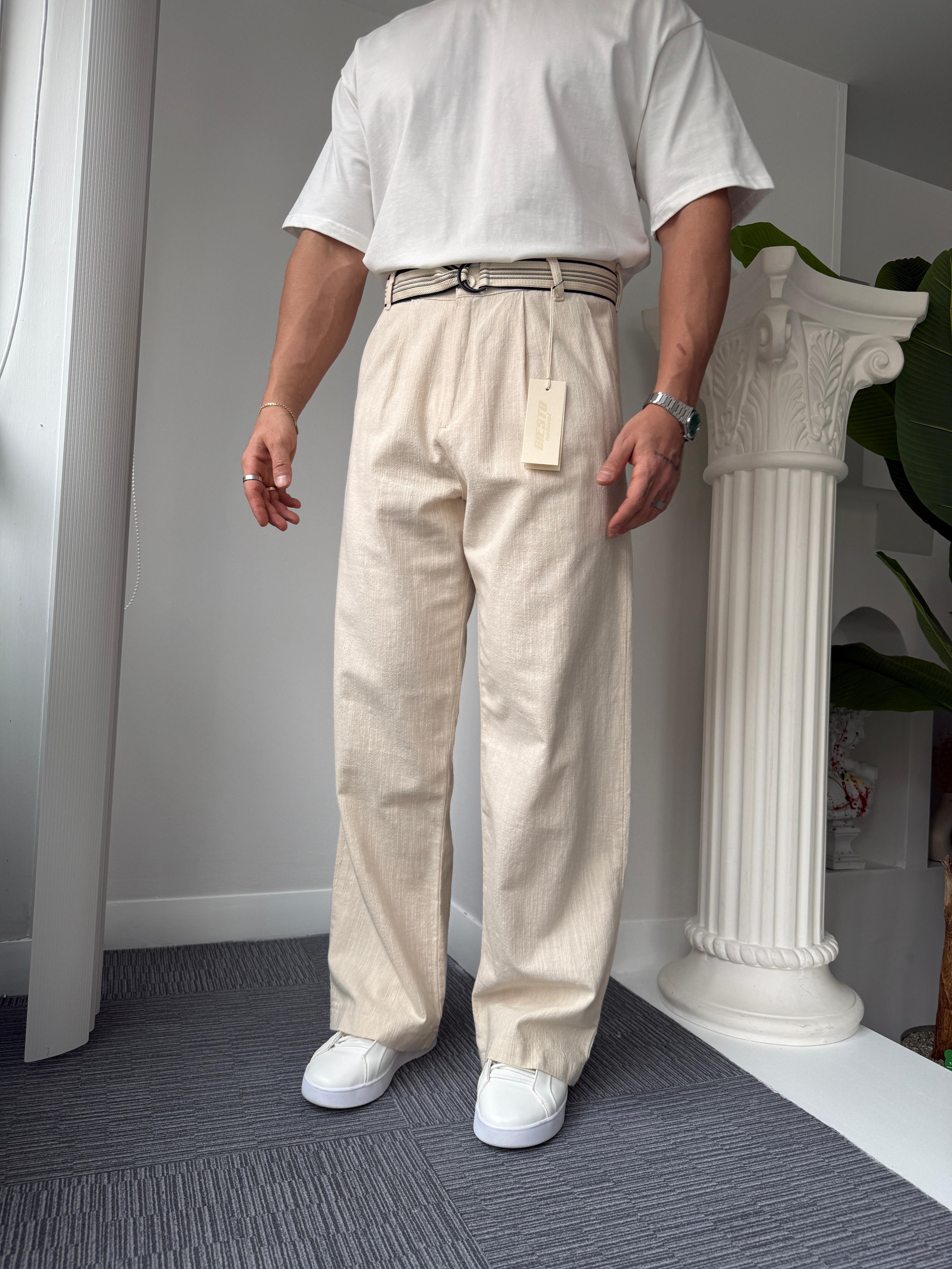 Bej GG Kemerli Linen Pantolon