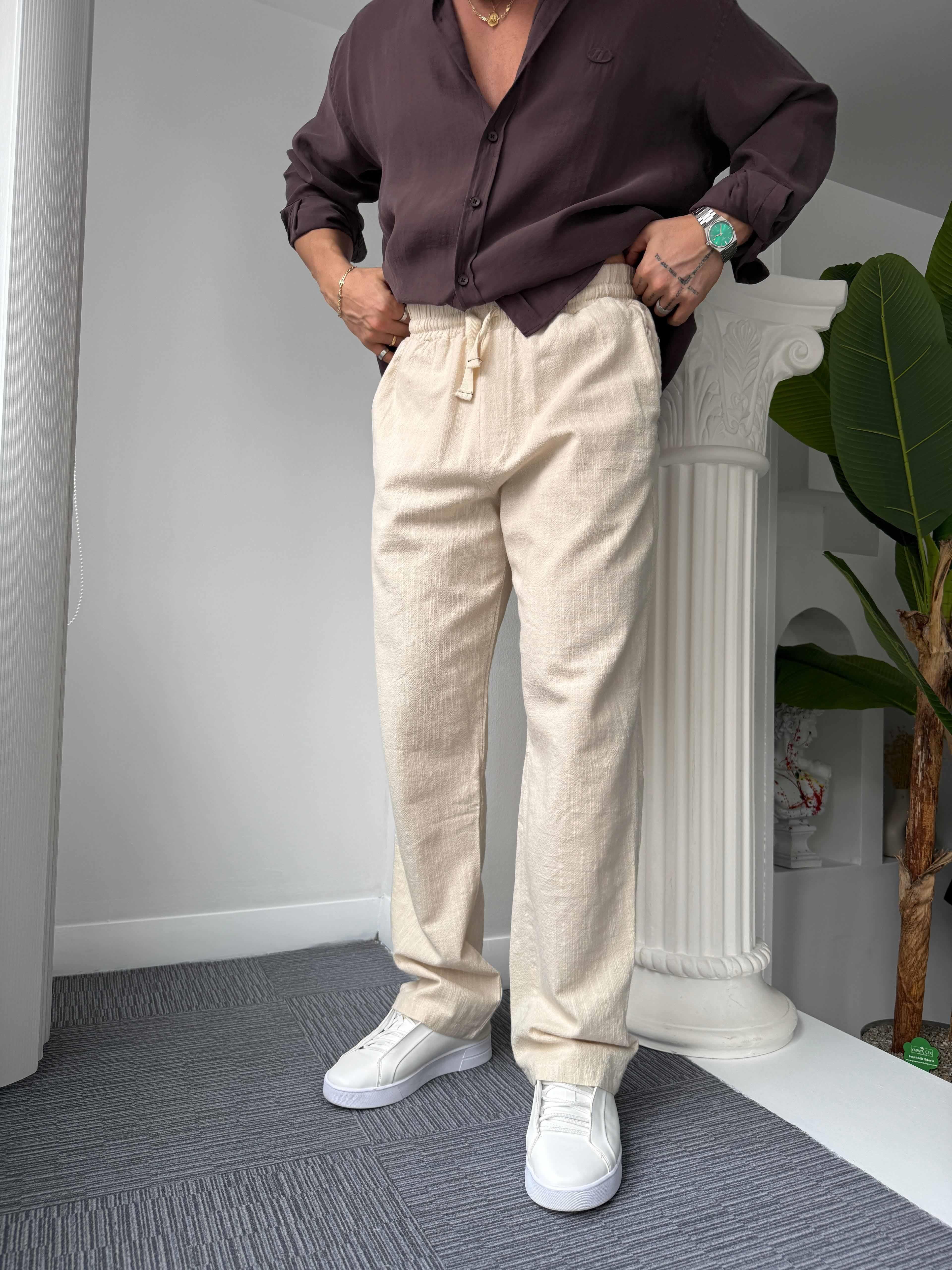 Bej GG Nakışlı Linen Keten Pantolon