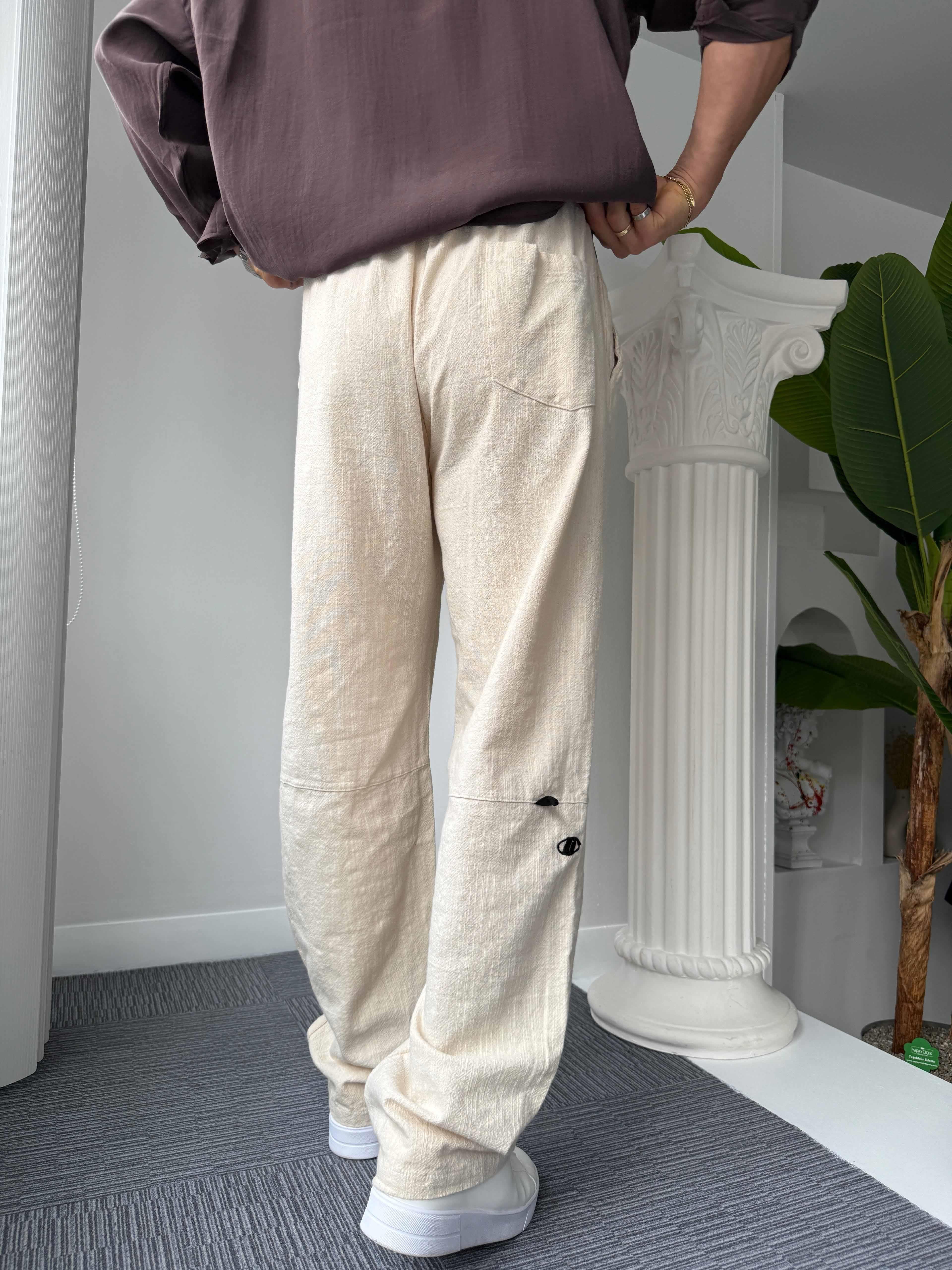 Bej GG Nakışlı Linen Keten Pantolon